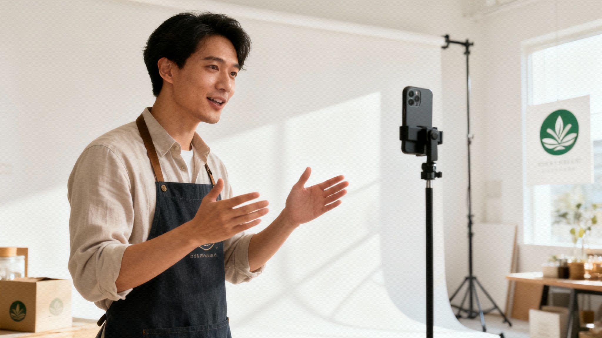 A small business owner filming a product video with a smartphone, showcasing affordability and creativity.
