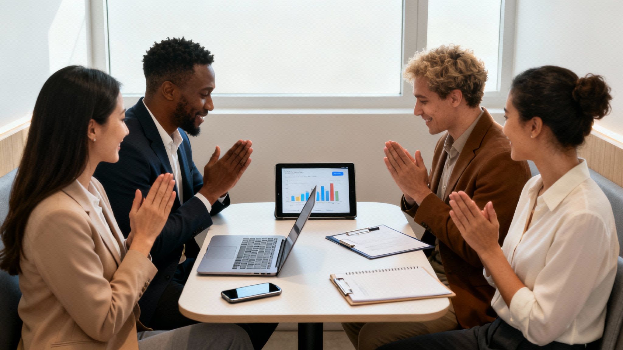 Group of diverse colleagues applaud a successful presentation showing data on a digital tablet.