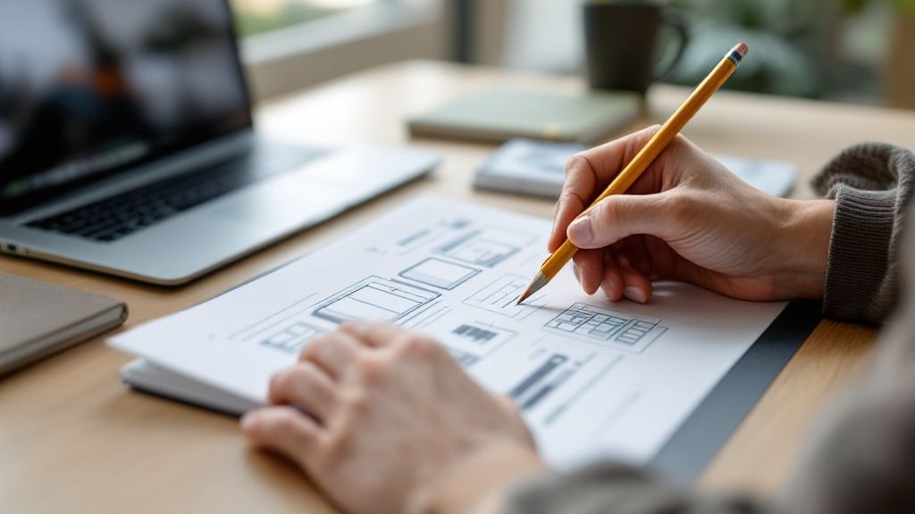 A marketing team collaborating on a video project, reviewing storyboards and scripts on a large screen.