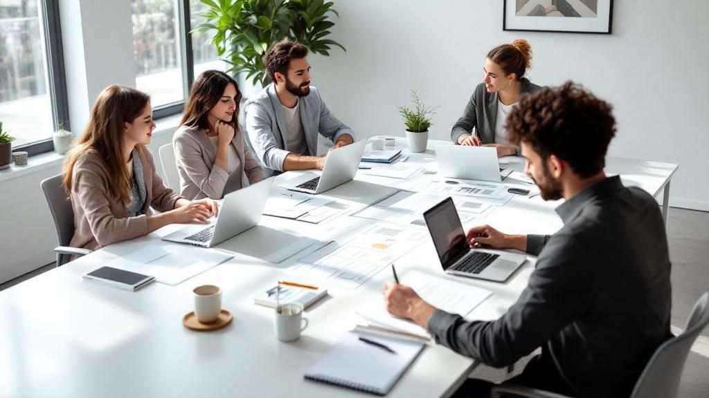 A professional video production crew filming an interview for a business video.