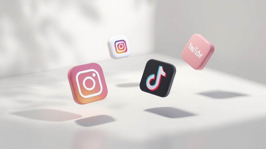 A diverse group of happy customers sharing their video testimonials on a social media feed.