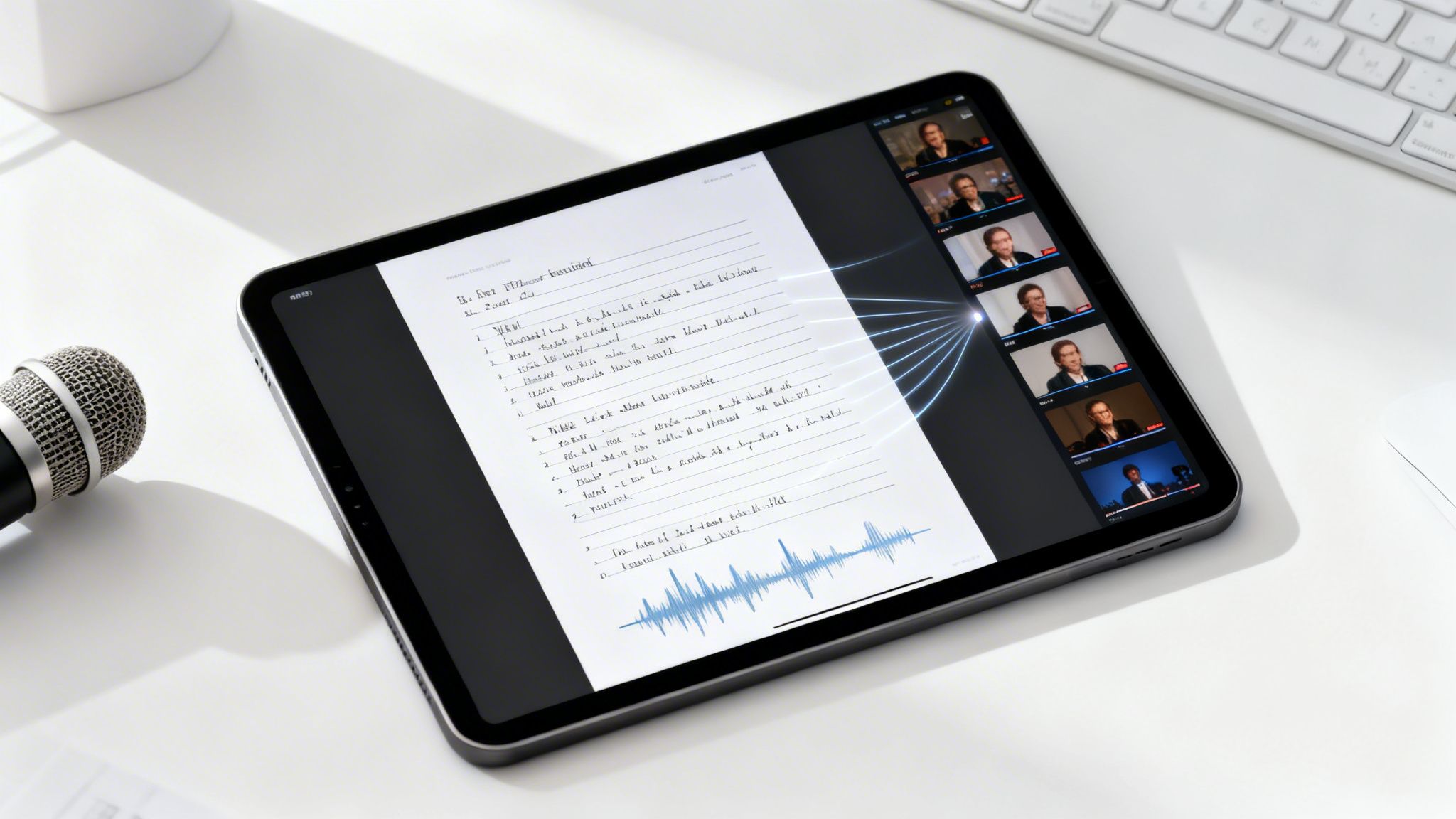 A tablet displaying handwritten notes, an audio waveform, and a video conference call.