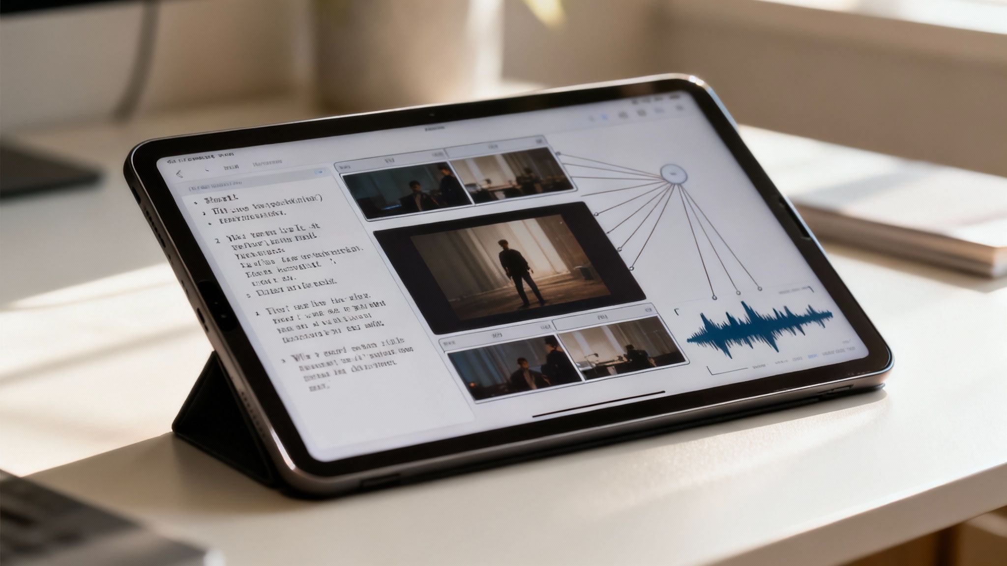 A modern tablet on a white desk displays a creative application with video frames, text, and an audio waveform.