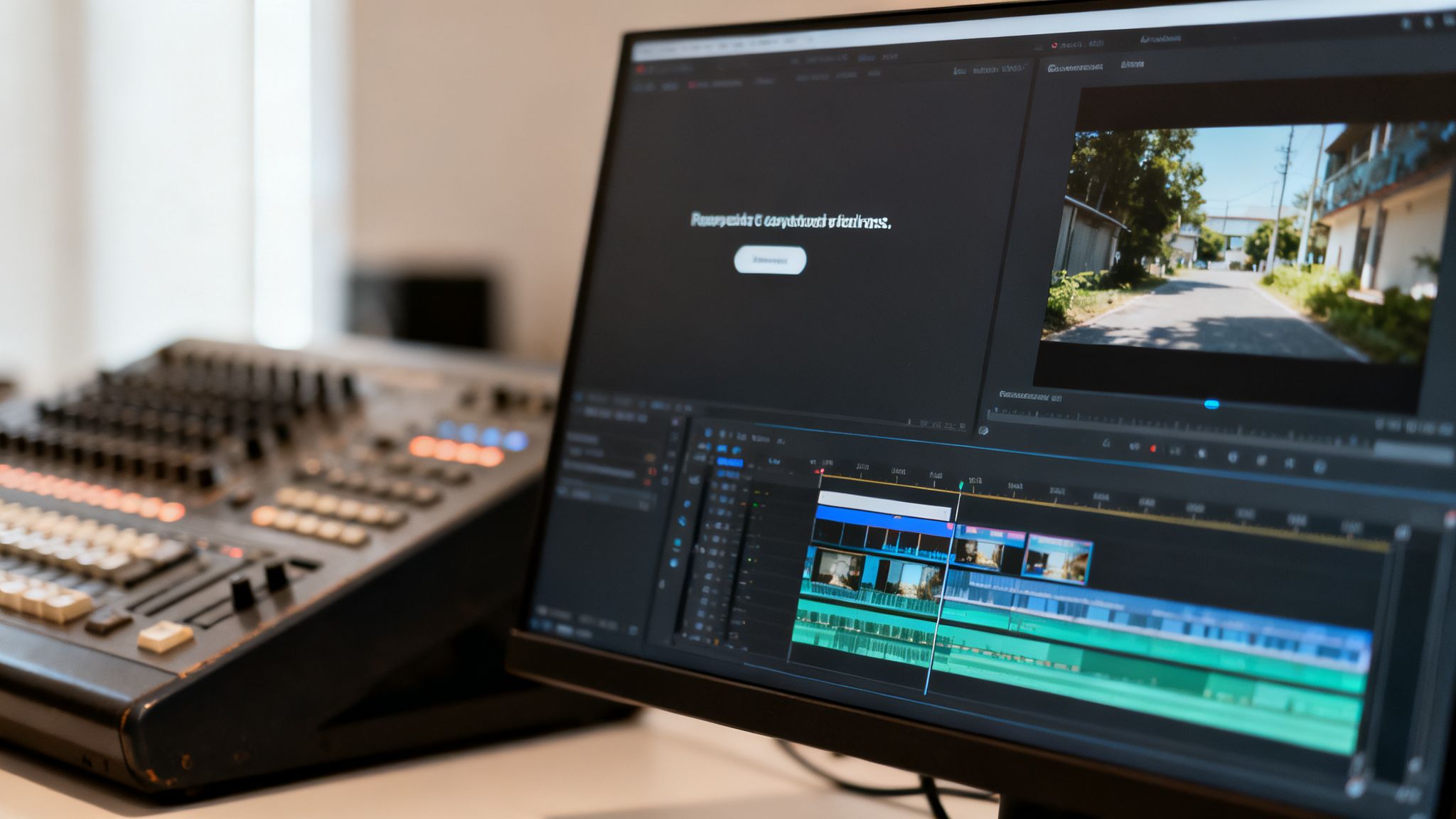 A computer monitor displays video editing software with a street scene and timeline, next to an audio mixer.