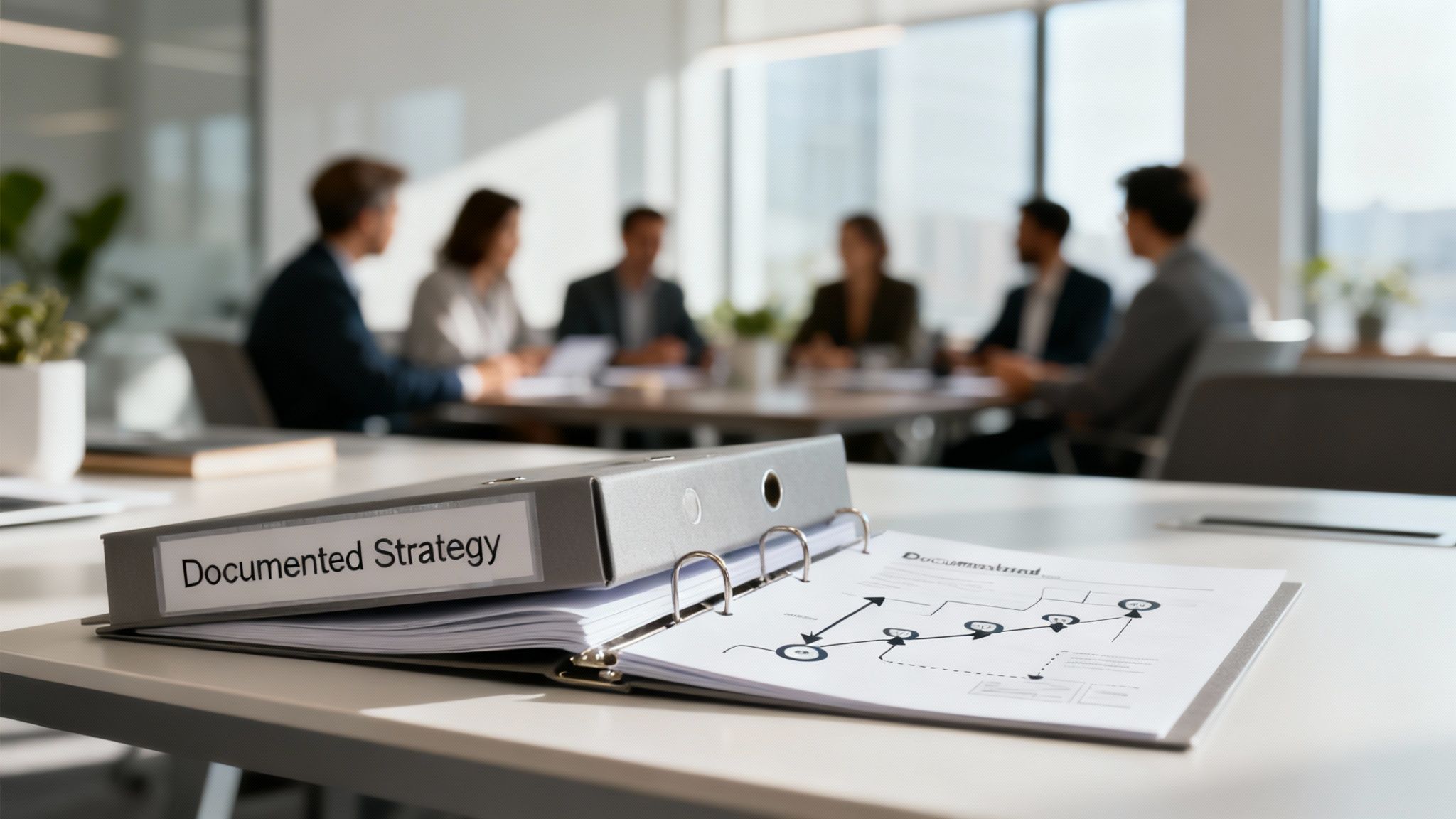 A team of marketers collaborating around a table, looking at data on a laptop, with a large monitor in the background showing analytics.