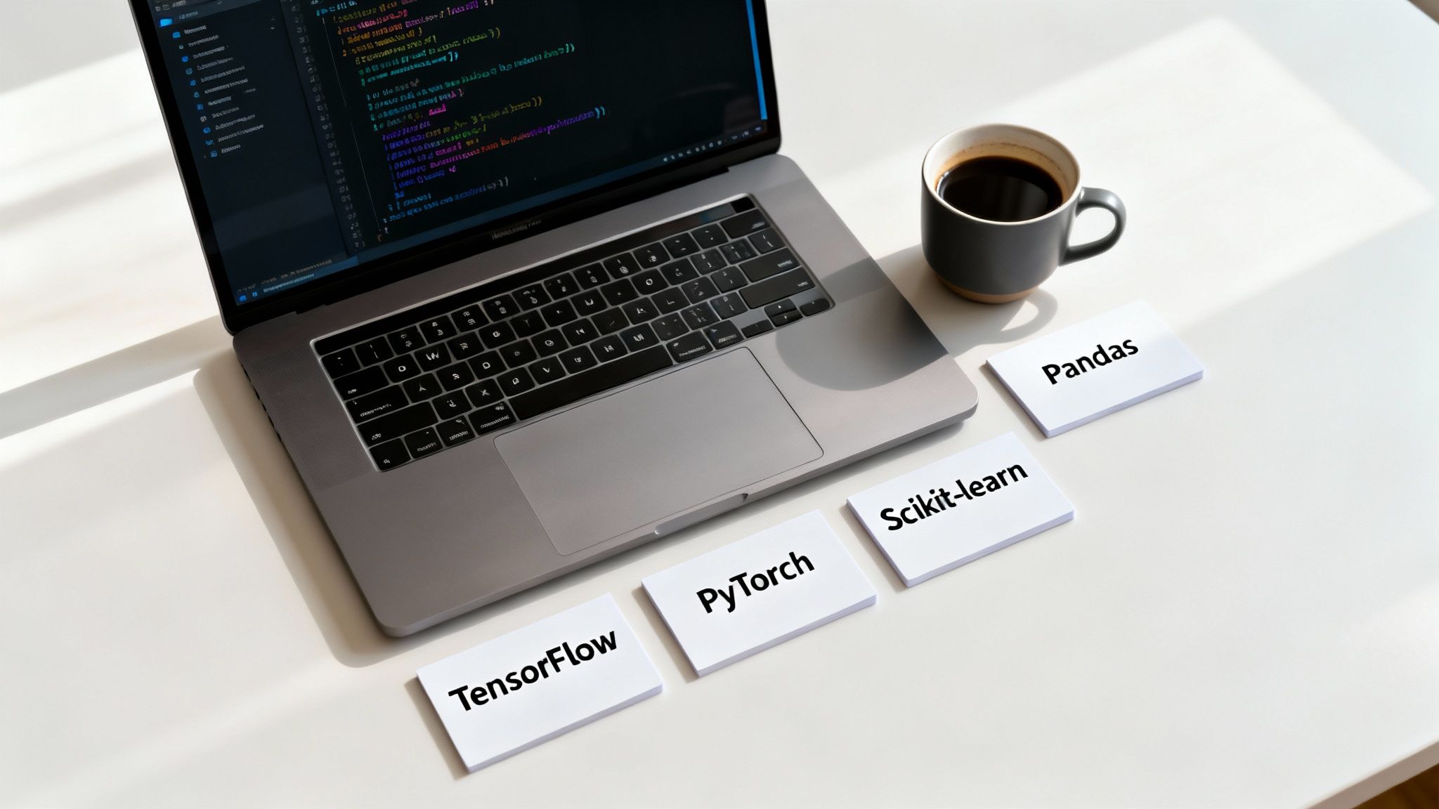 A laptop with code, a coffee cup, and cards featuring AI/ML frameworks: TensorFlow, PyTorch, Scikit-learn, Pandas.