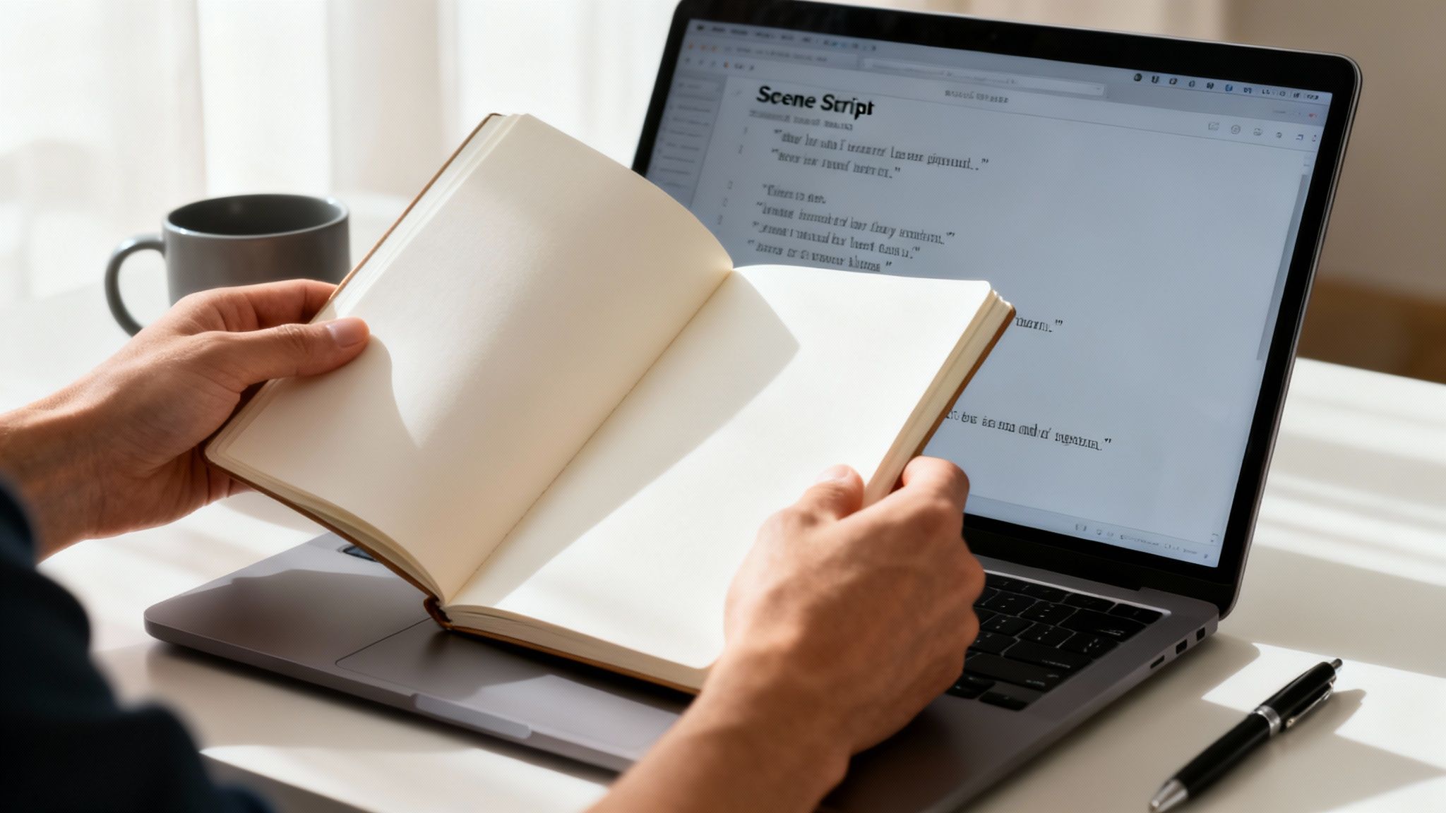 A person holds an open notebook over a laptop displaying a 'Scene Script', with a coffee mug and pen on a white desk.
