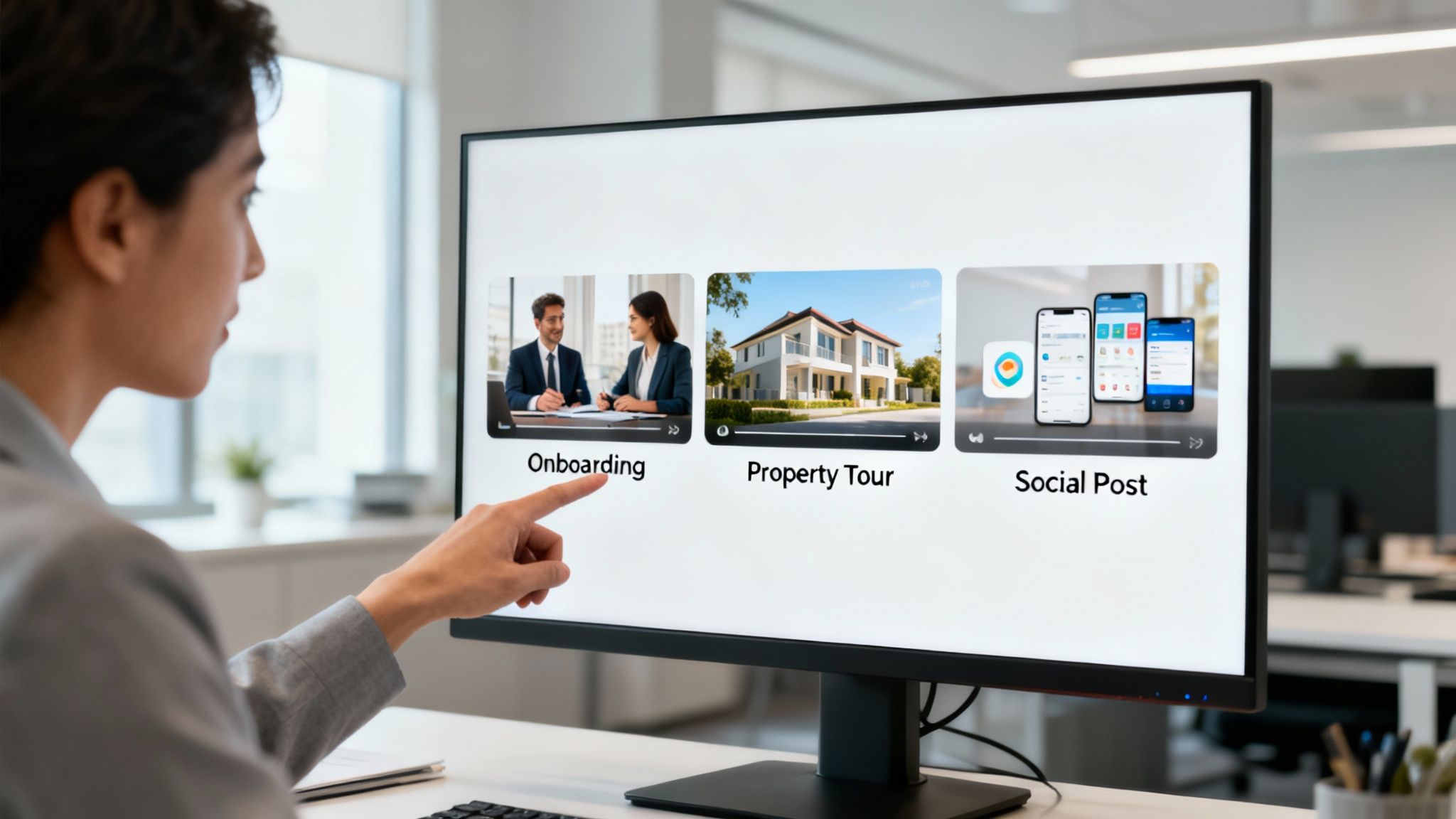 Person points at computer screen showing video thumbnails for 'Onboarding', 'Property Tour', and 'Social Post'.