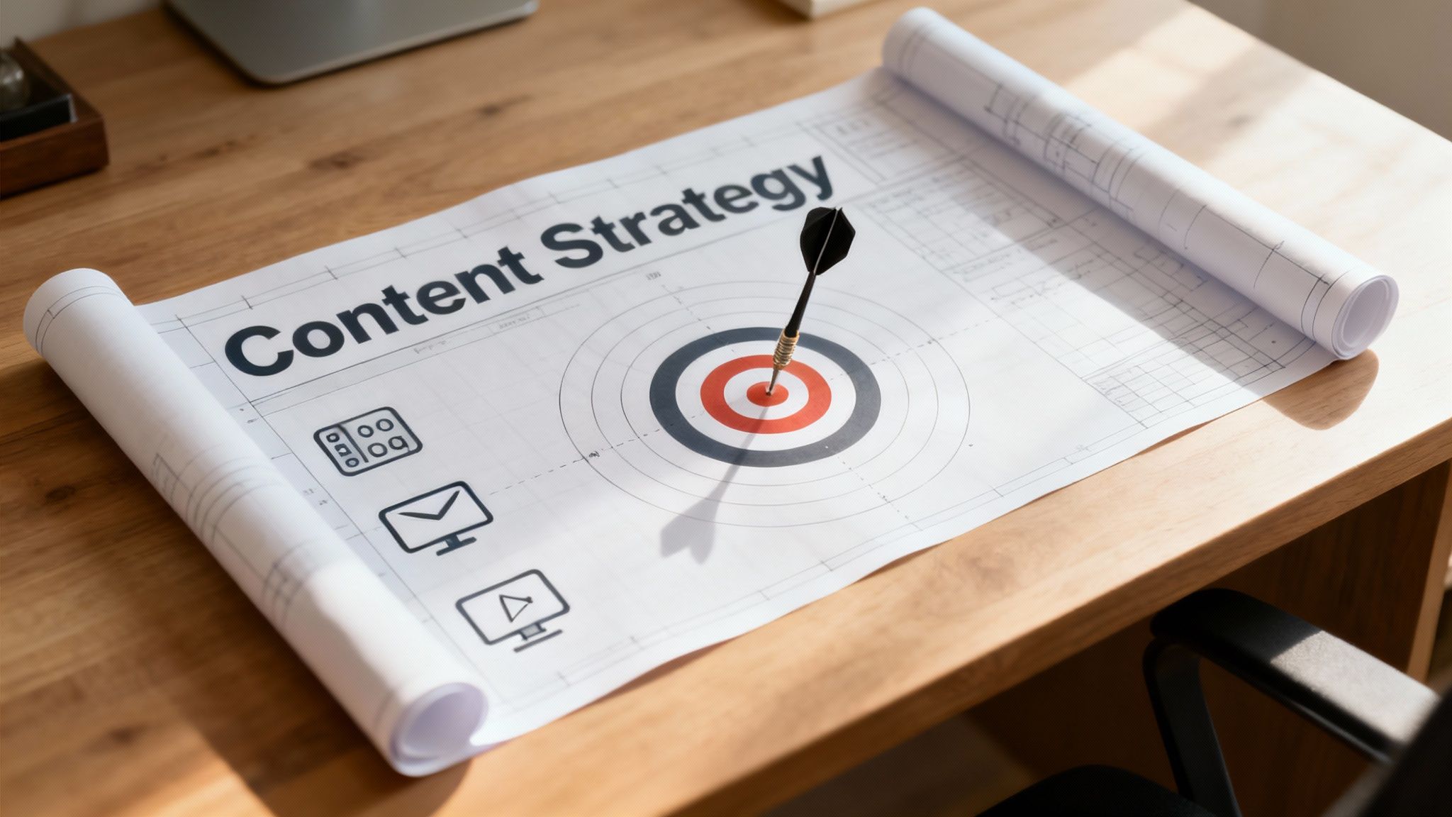 A team of marketing professionals collaborating on a content marketing strategy using sticky notes on a glass wall.