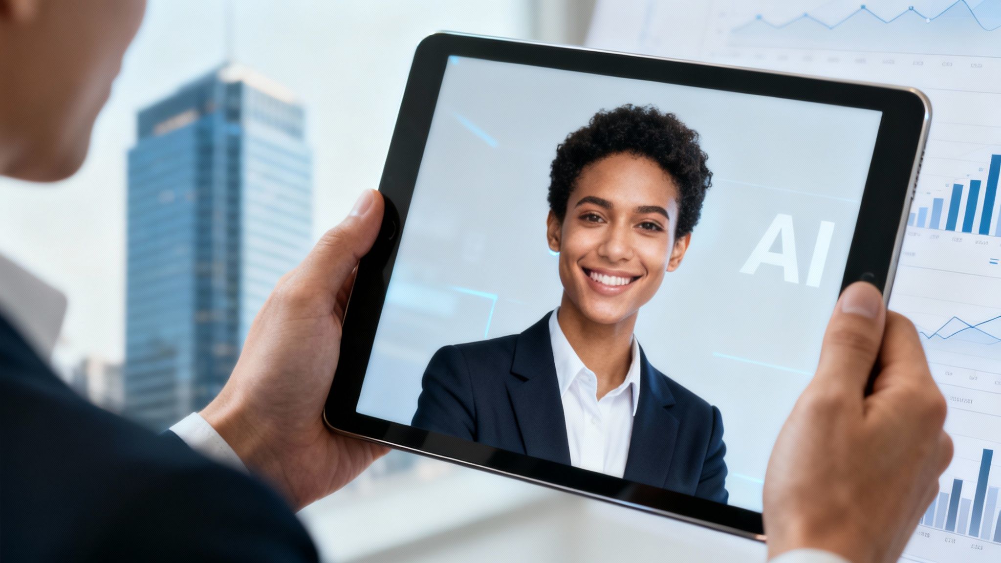 A person holds a tablet displaying a smiling AI spokesperson with 'AI' text in a corporate setting.