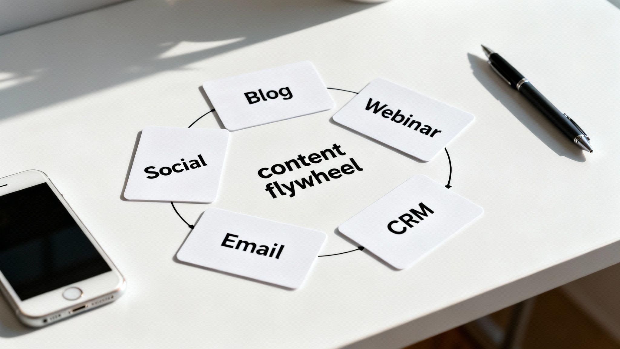 A 'content flywheel' diagram showing content types like blog, webinar, CRM, email, and social media.