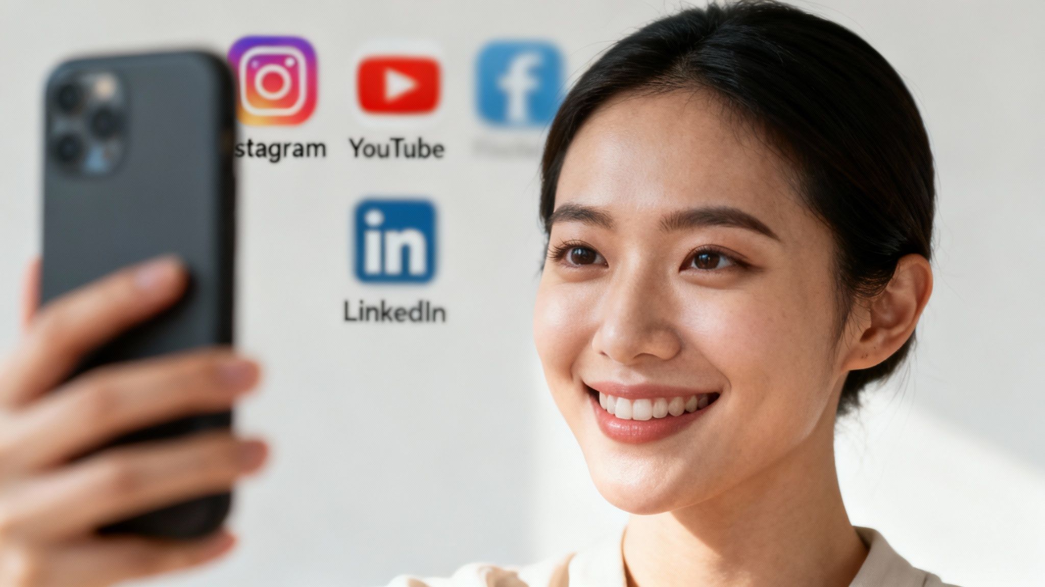 A person editing a video on a tablet with social media icons in the background