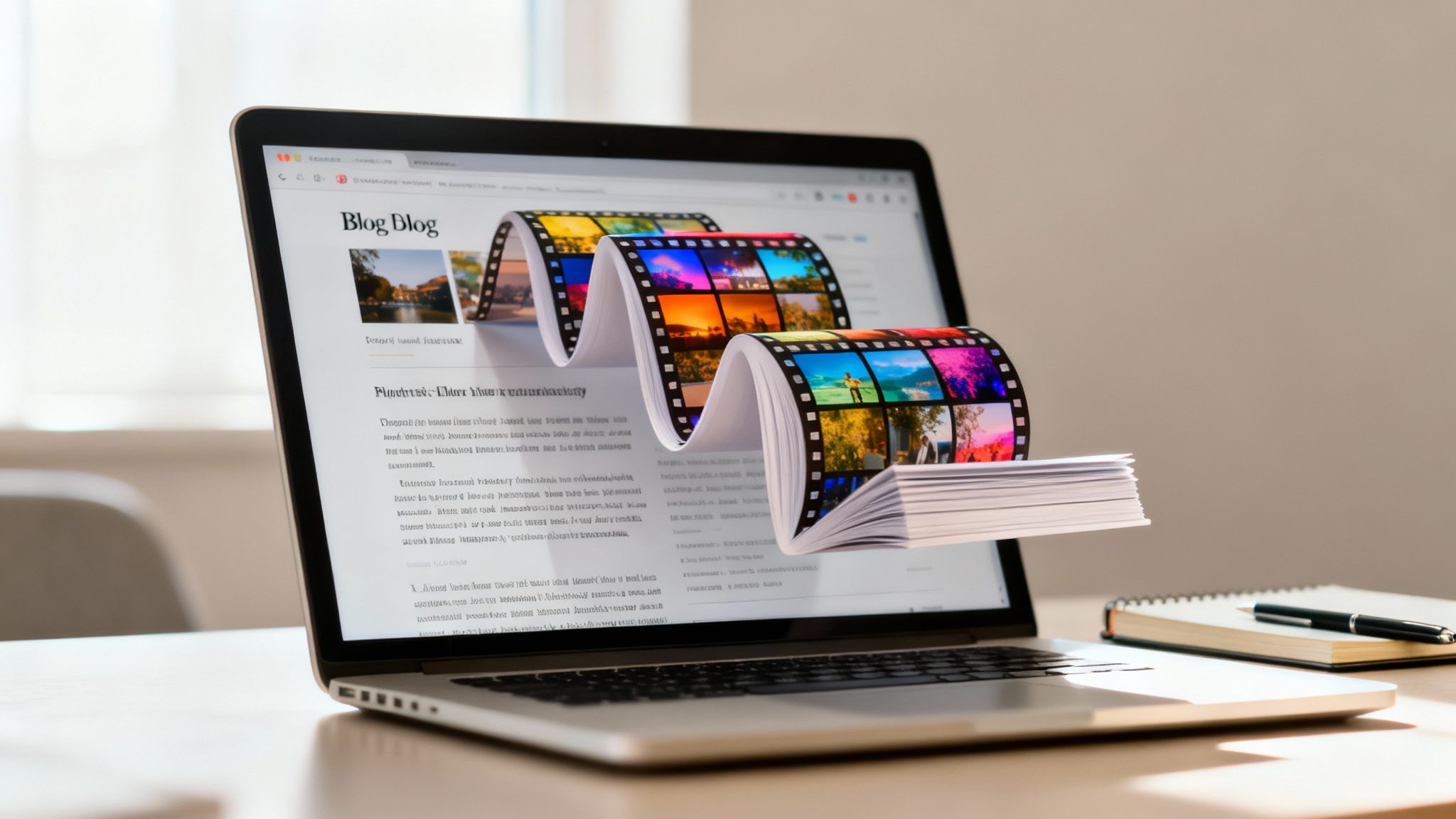 Open laptop with a blog page and a creative filmstrip of colorful photos floating above the screen.