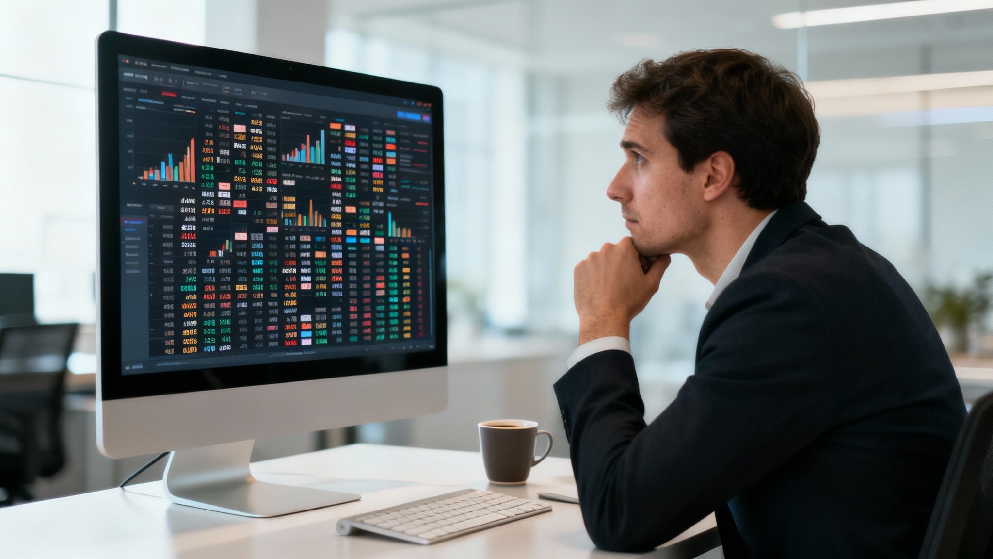 A focused man in a suit analyzes financial data and stock market charts on a computer screen.