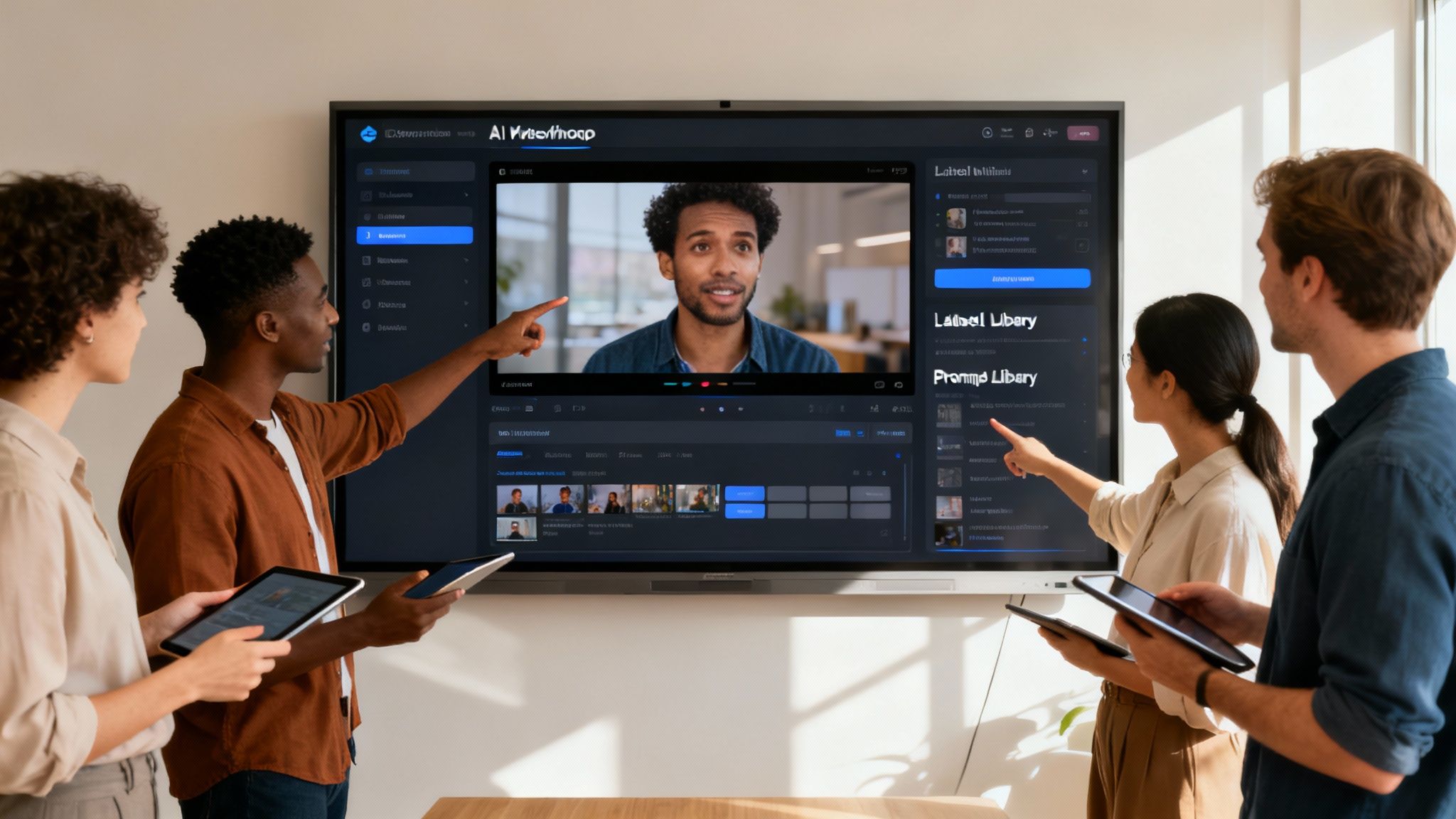 Diverse team collaborating on AI video creation software displayed on a large screen.