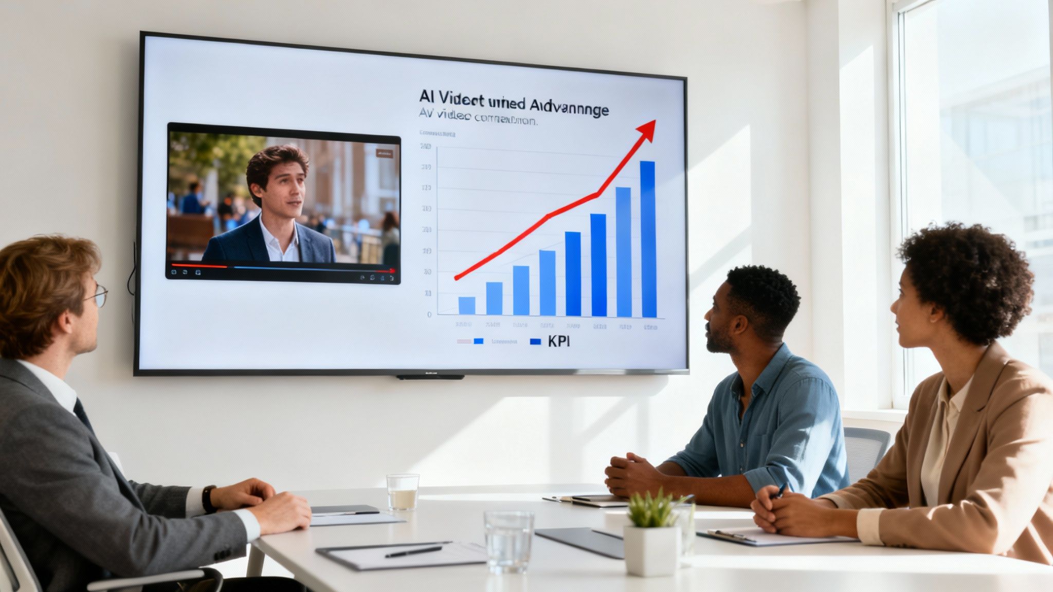 Three diverse professionals watch an AI presentation with a video and growth chart on a large screen.