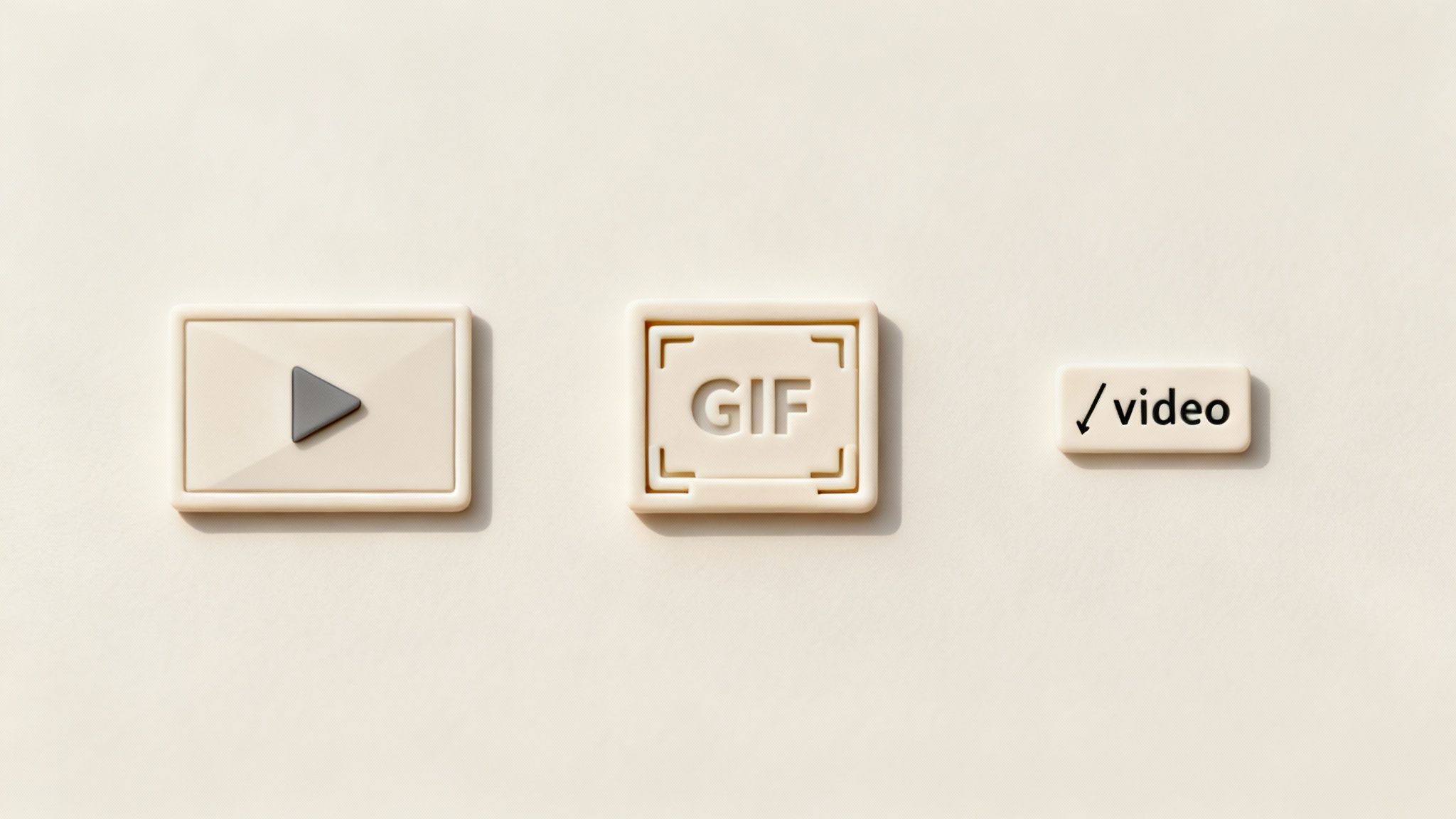 A graphic showing a play button, a GIF symbol, and an HTML5 code tag, representing different video embedding methods.