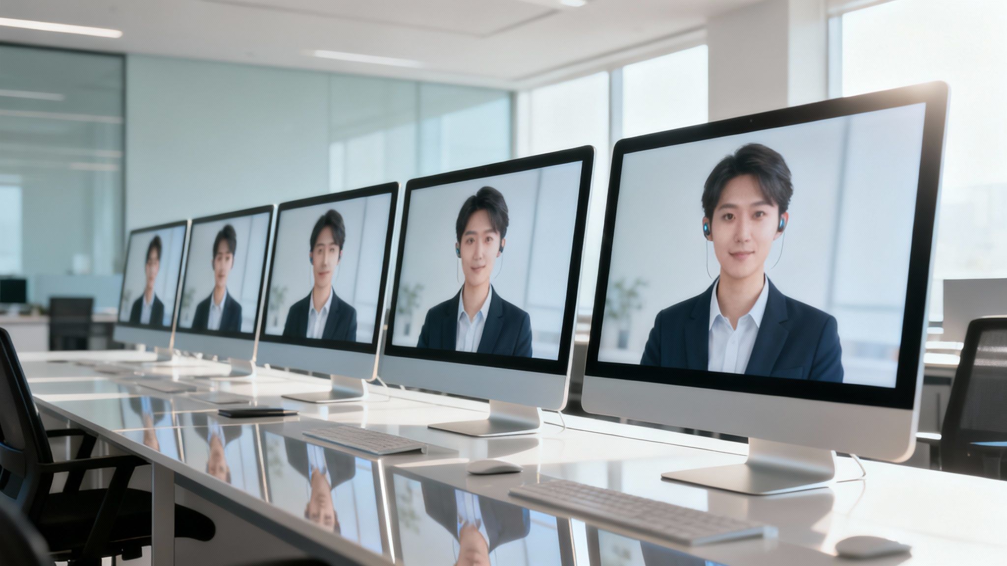 Row of computer monitors displaying a young man on a video call in a modern office.