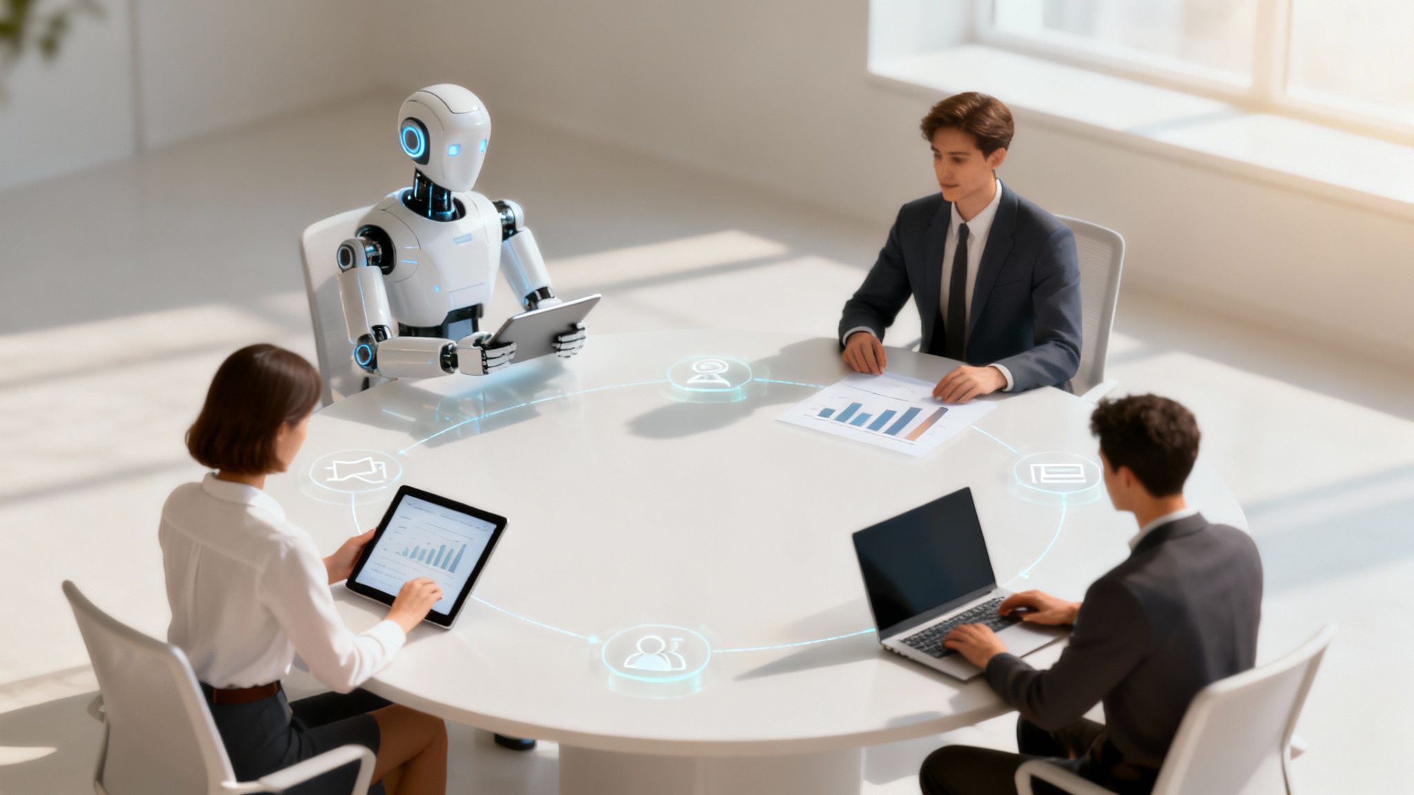 A robot and three business people in a modern office meeting, collaborating with digital displays.