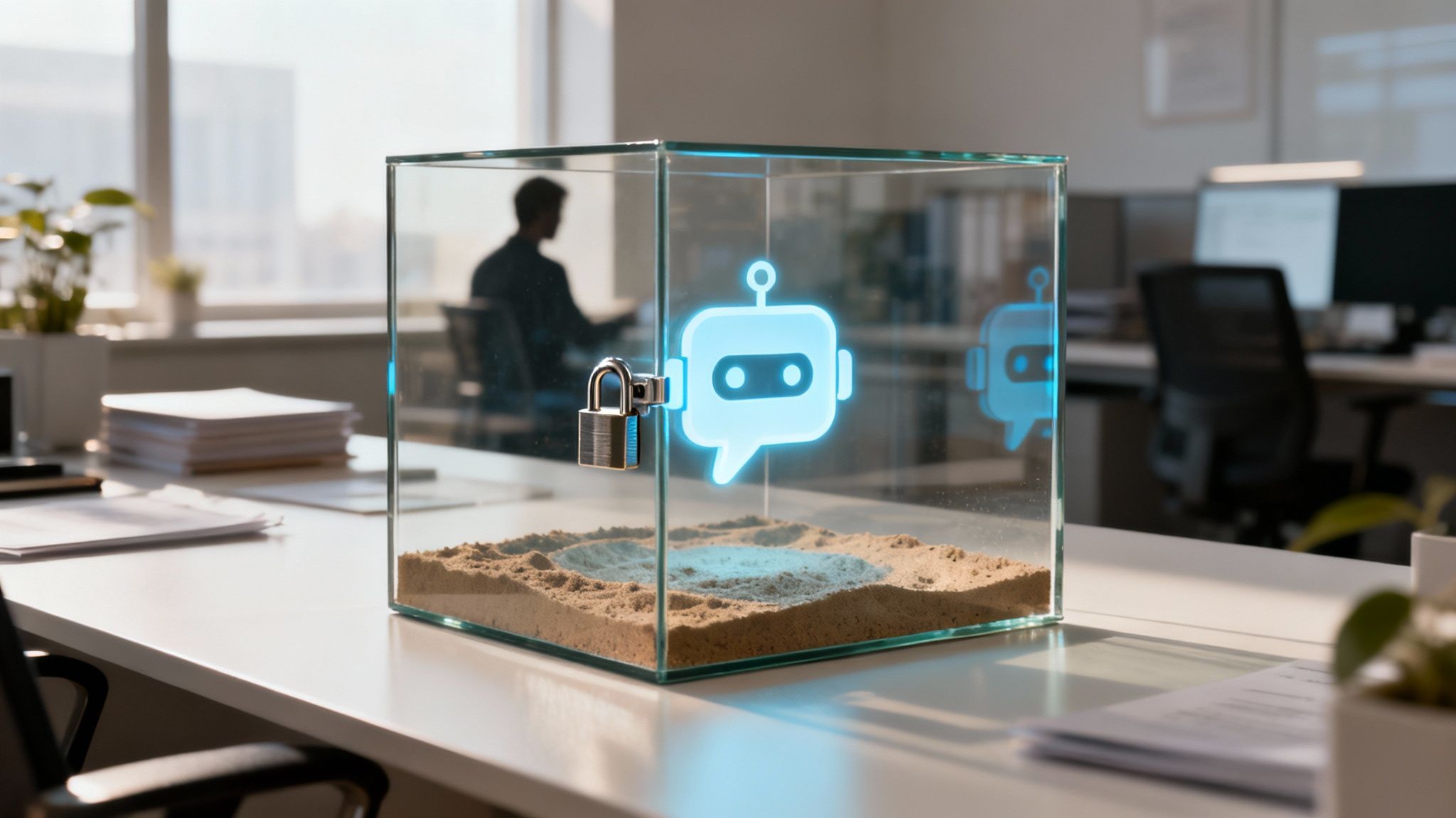 A glowing AI chatbot icon locked within a glass cube on an office desk, symbolizing AI security.