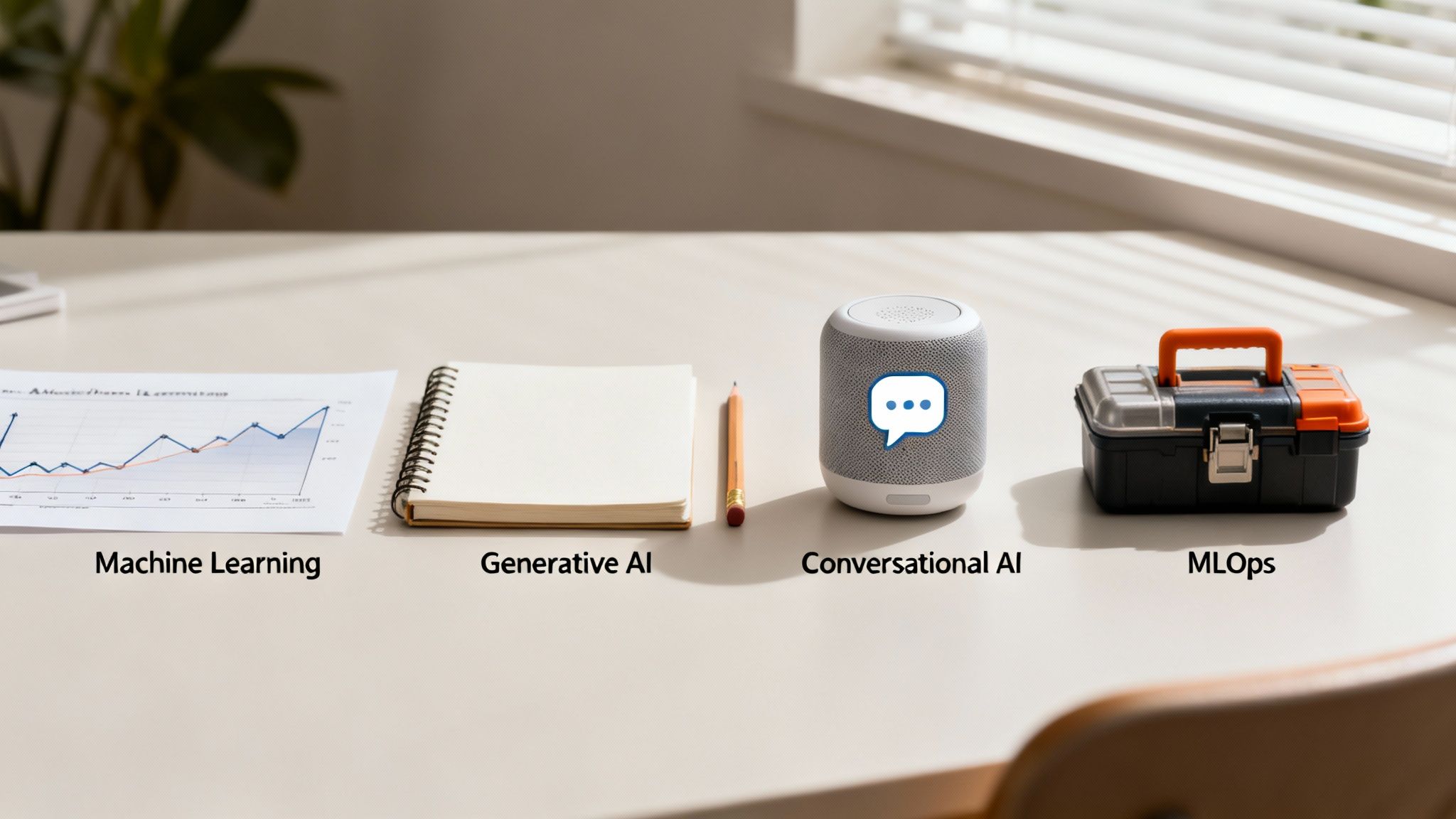 Desk items representing Machine Learning, Generative AI, Conversational AI, and MLOps AI concepts.