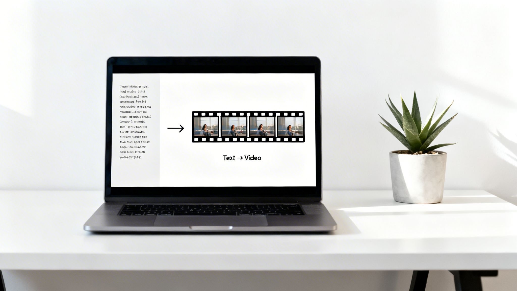 A laptop displaying 'Text -> Video' on its screen with a film strip and a plant on a white desk.
