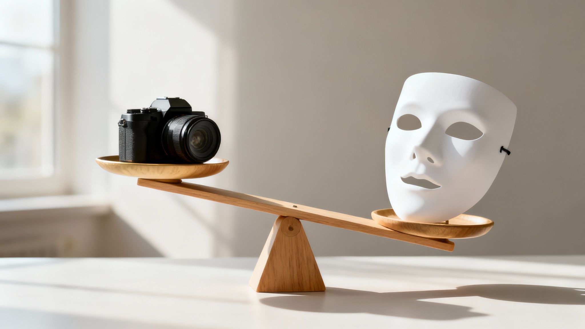 A black camera and a white mask sit on a wooden balance scale, with the camera side lower.