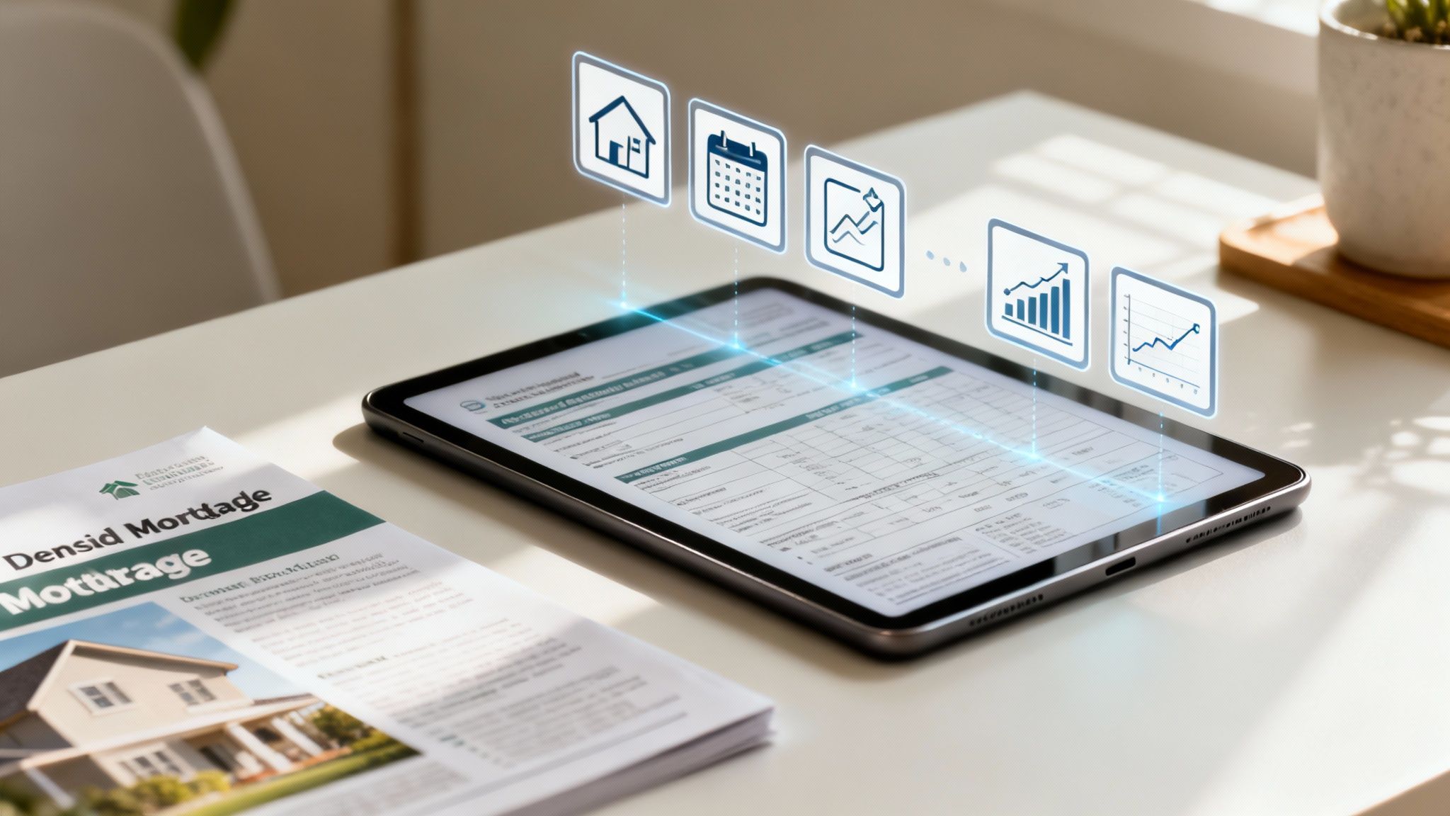 Tablet displaying a mortgage document with holographic icons, beside a 'Densid Mortgage' brochure.