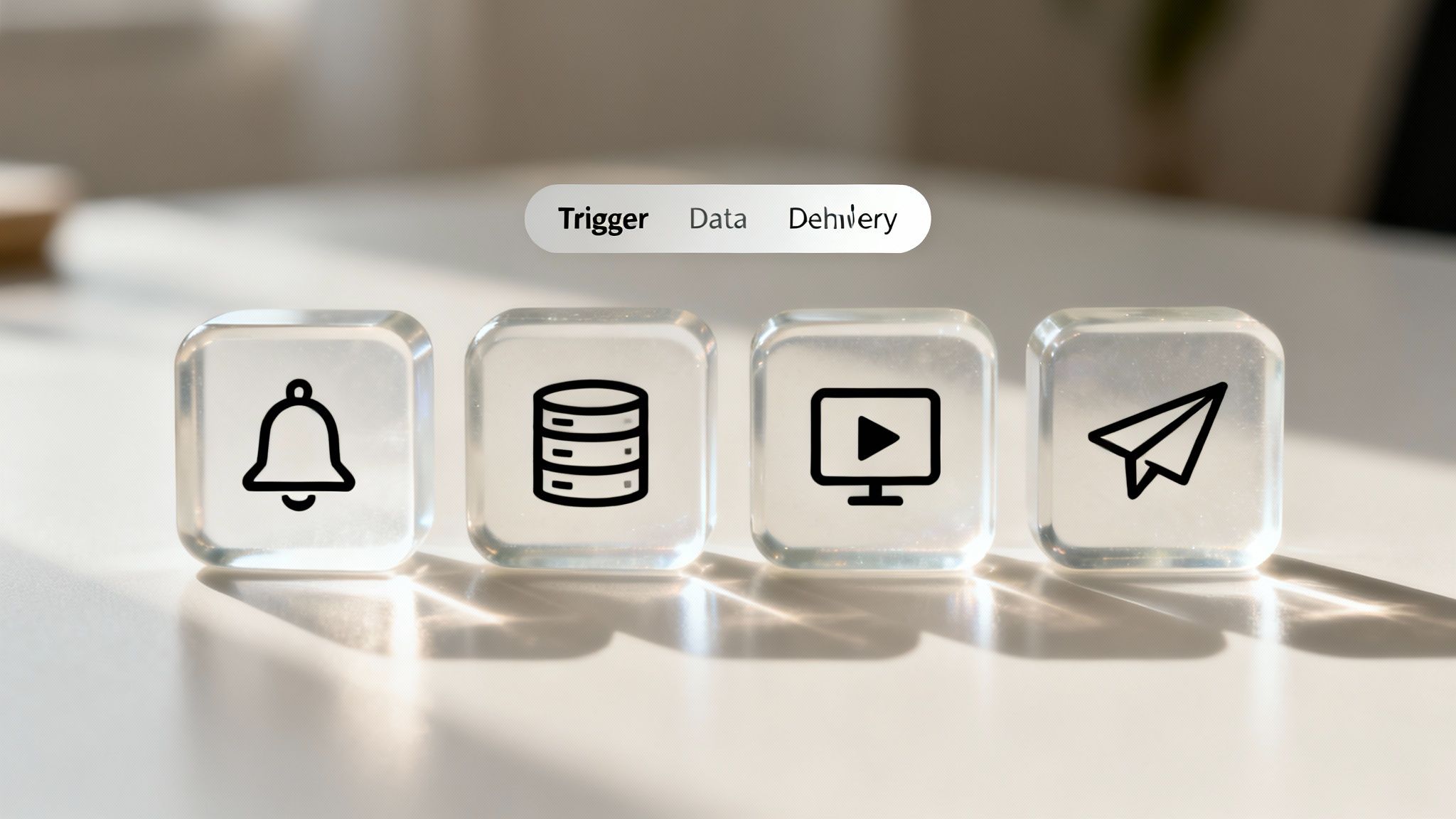 Digital workflow concept with icons representing trigger, data, media, and delivery stages.