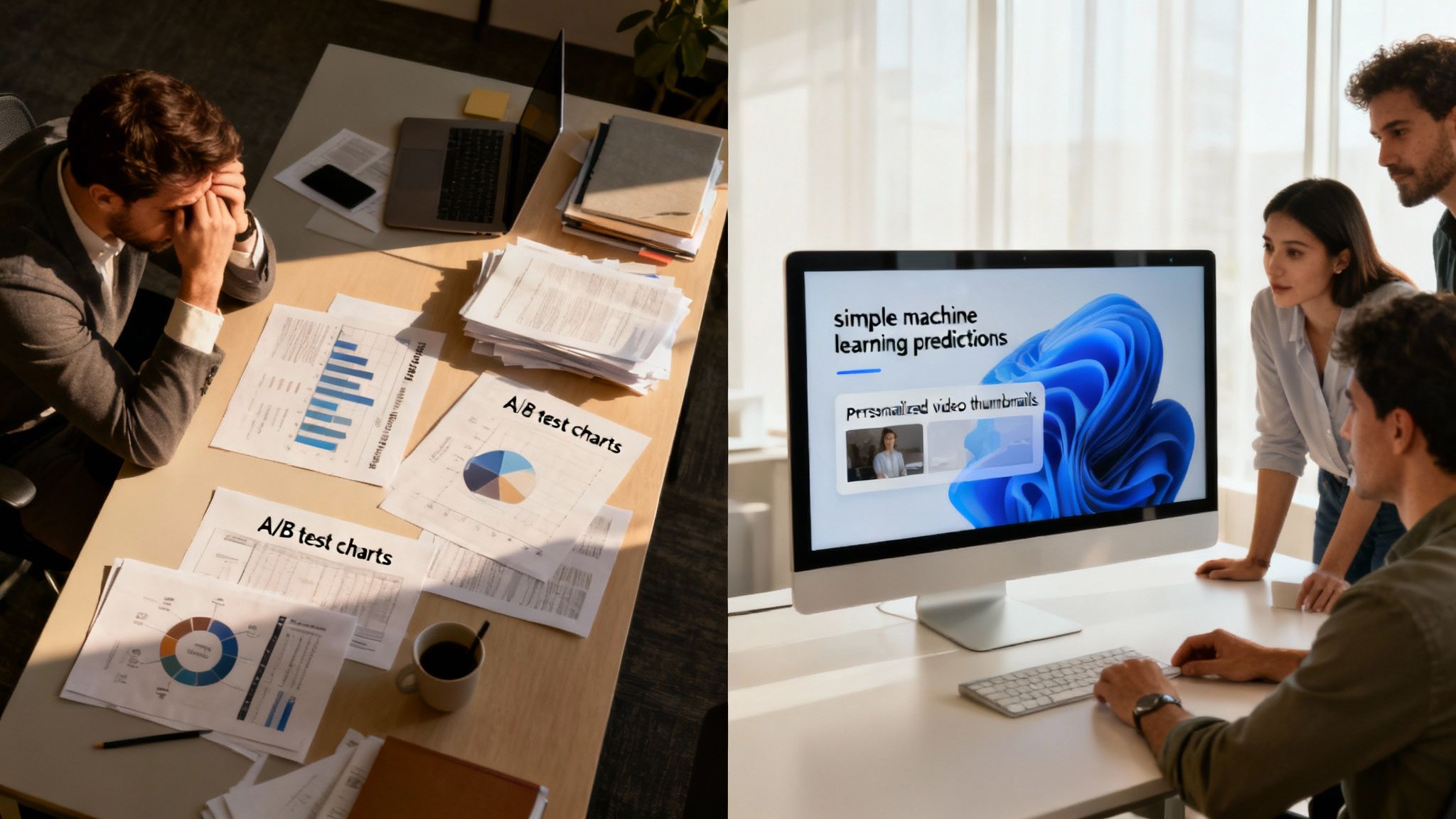 Business professionals reviewing machine learning predictions and A/B test charts on desk and computer screen