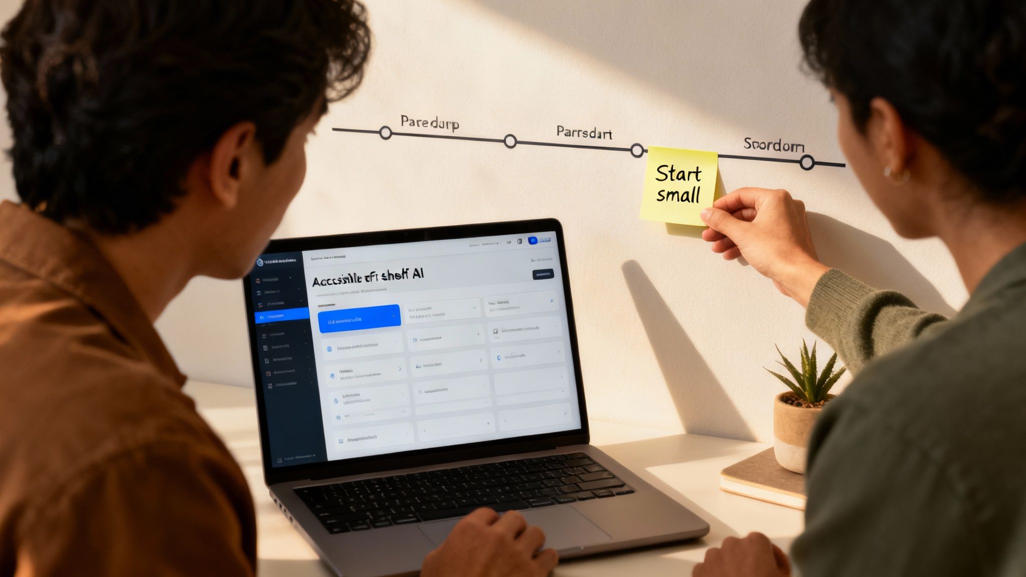Two individuals collaborating on an AI project, placing a 'Start small' note on a wall timeline.