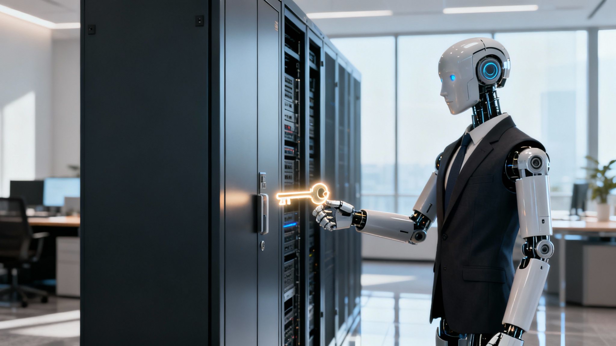 A humanoid robot in a suit holds a glowing golden key near server racks, symbolizing data security.