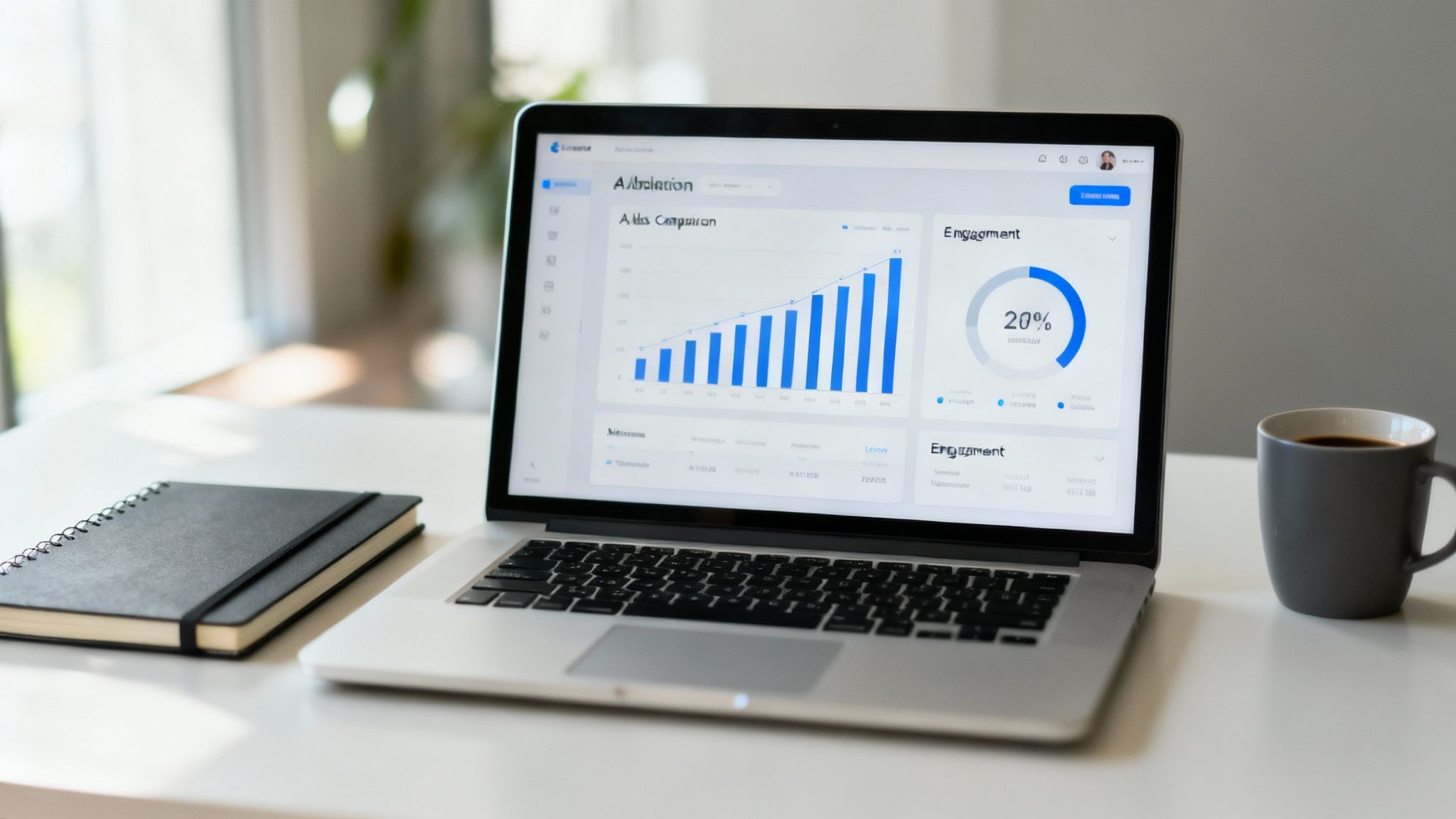 Laptop on a desk showing a video marketing automation dashboard with graphs and data, with a notebook and coffee.