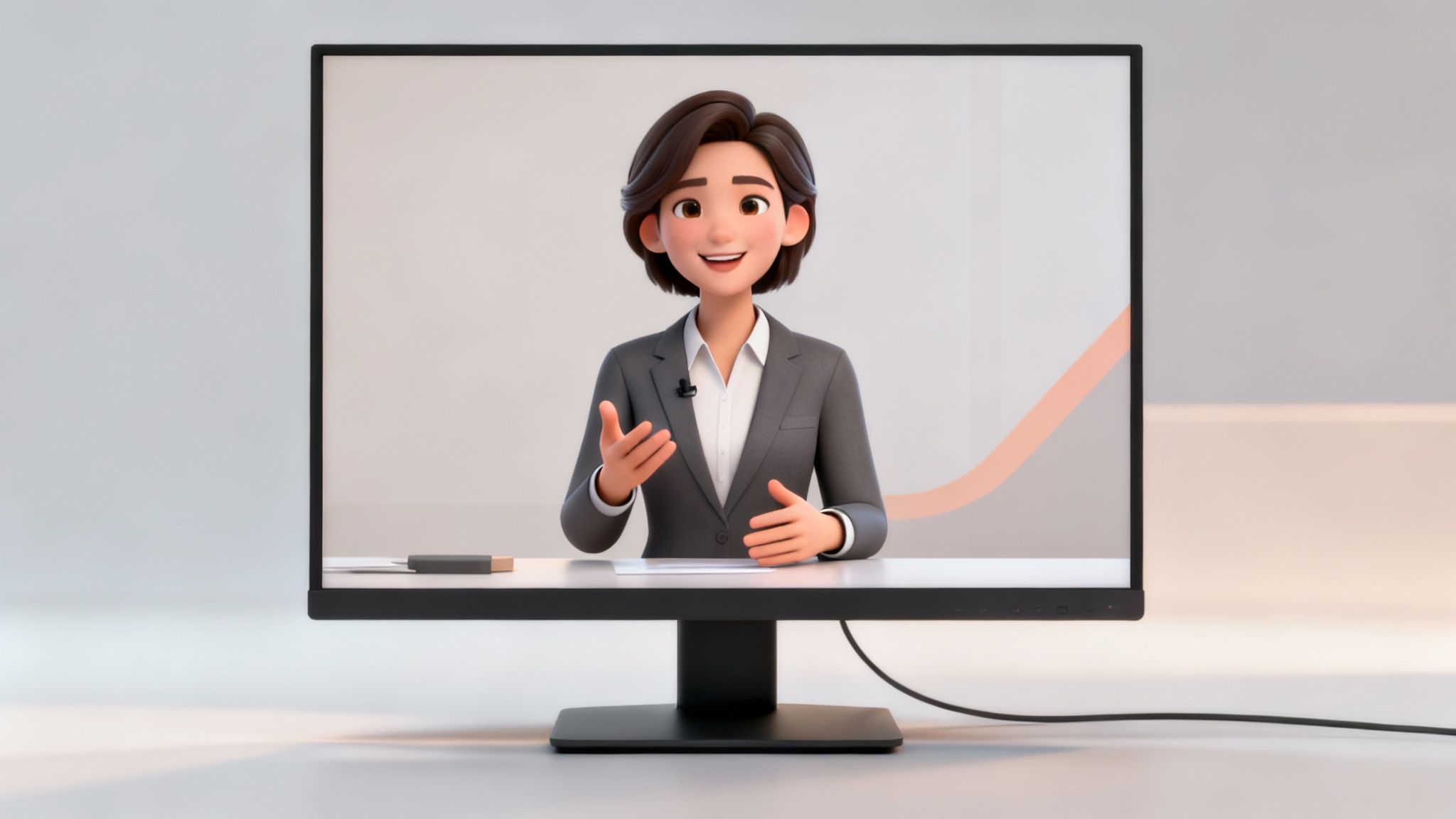 A professional 3D animated woman speaks on a monitor during an online presentation.