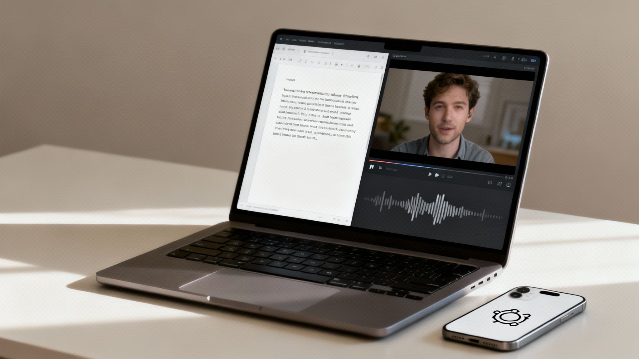 Laptop displaying a document editor and a video editor with a man talking, next to a smartphone.