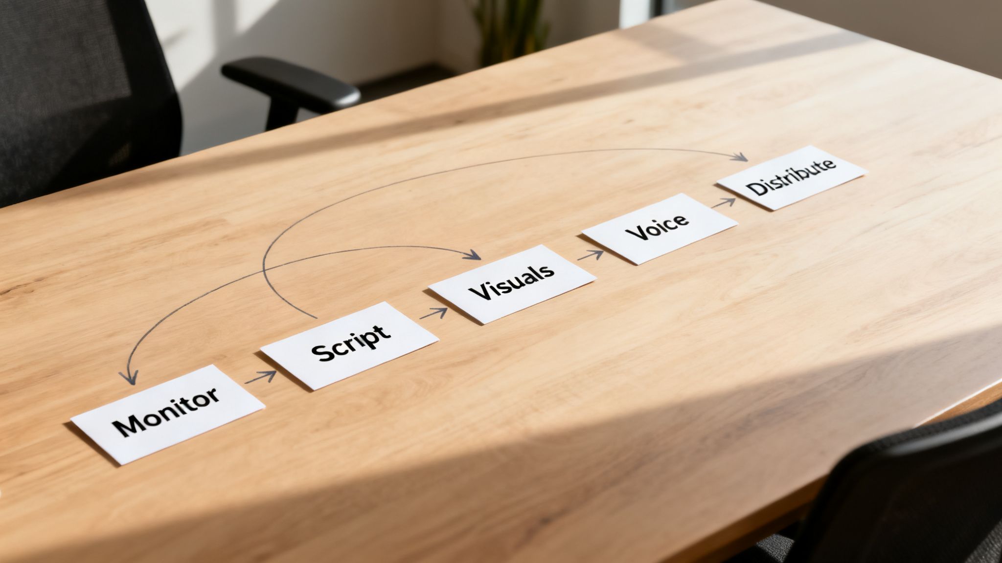 A workflow diagram on a wooden table showing steps: Monitor, Script, Visuals, Voice, Distribute, with feedback loops.