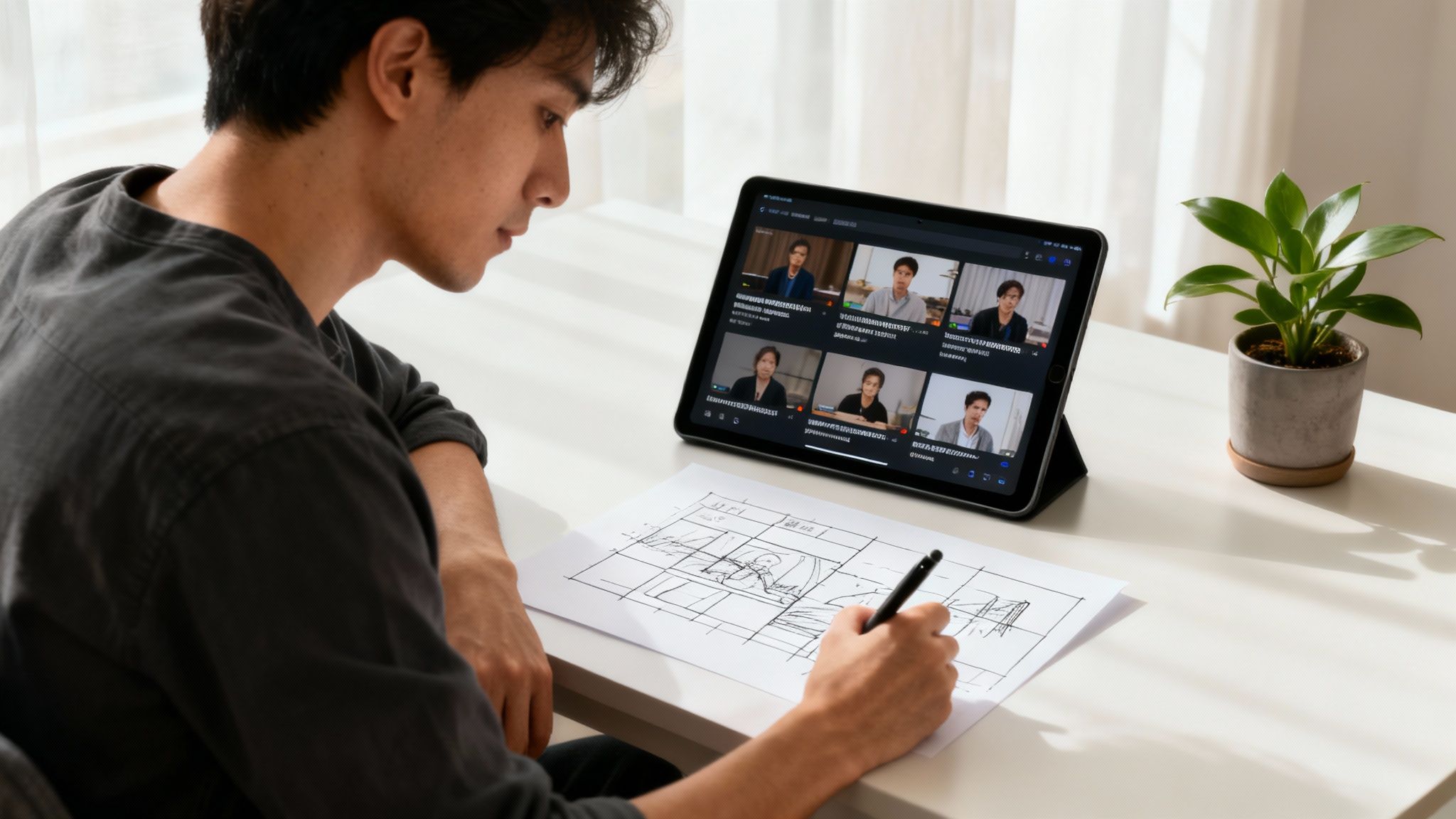 Person sketching architectural design on paper while participating in video conference on tablet