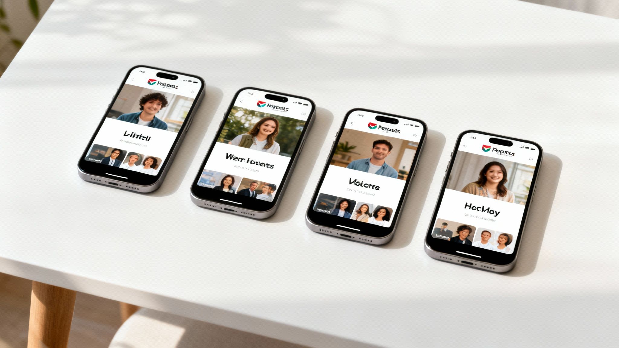 Four smartphones displaying dating app interface with user profiles on white table
