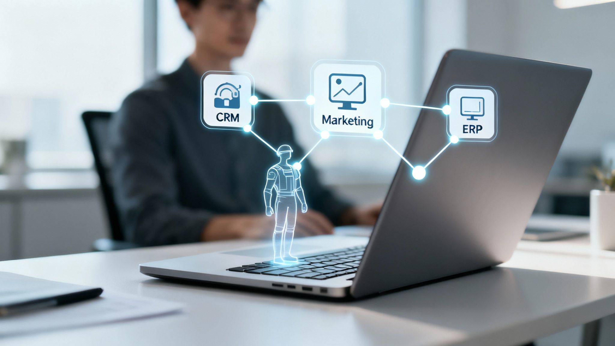 A person works on a laptop with holographic AI integrating CRM, Marketing, and ERP business systems.