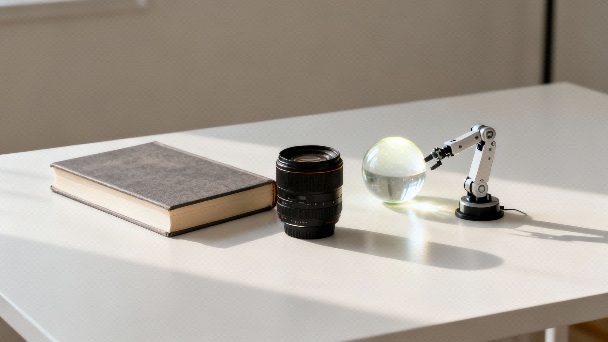 A book, camera lens, and a robotic arm holding a crystal ball on a sunlit white table.