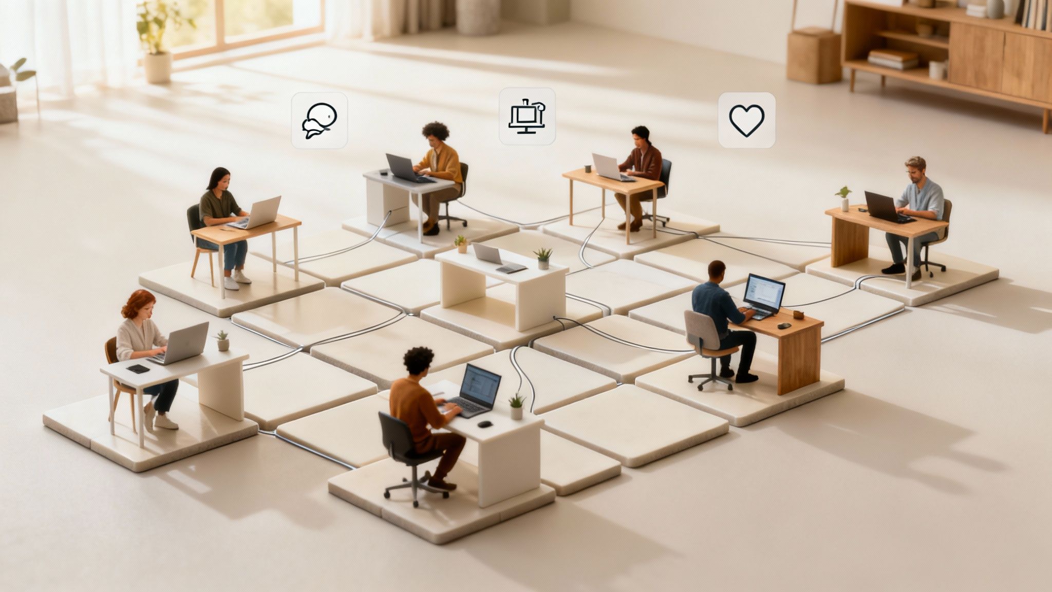 A person working remotely on their laptop in a comfortable home setting, with a plant and coffee nearby.