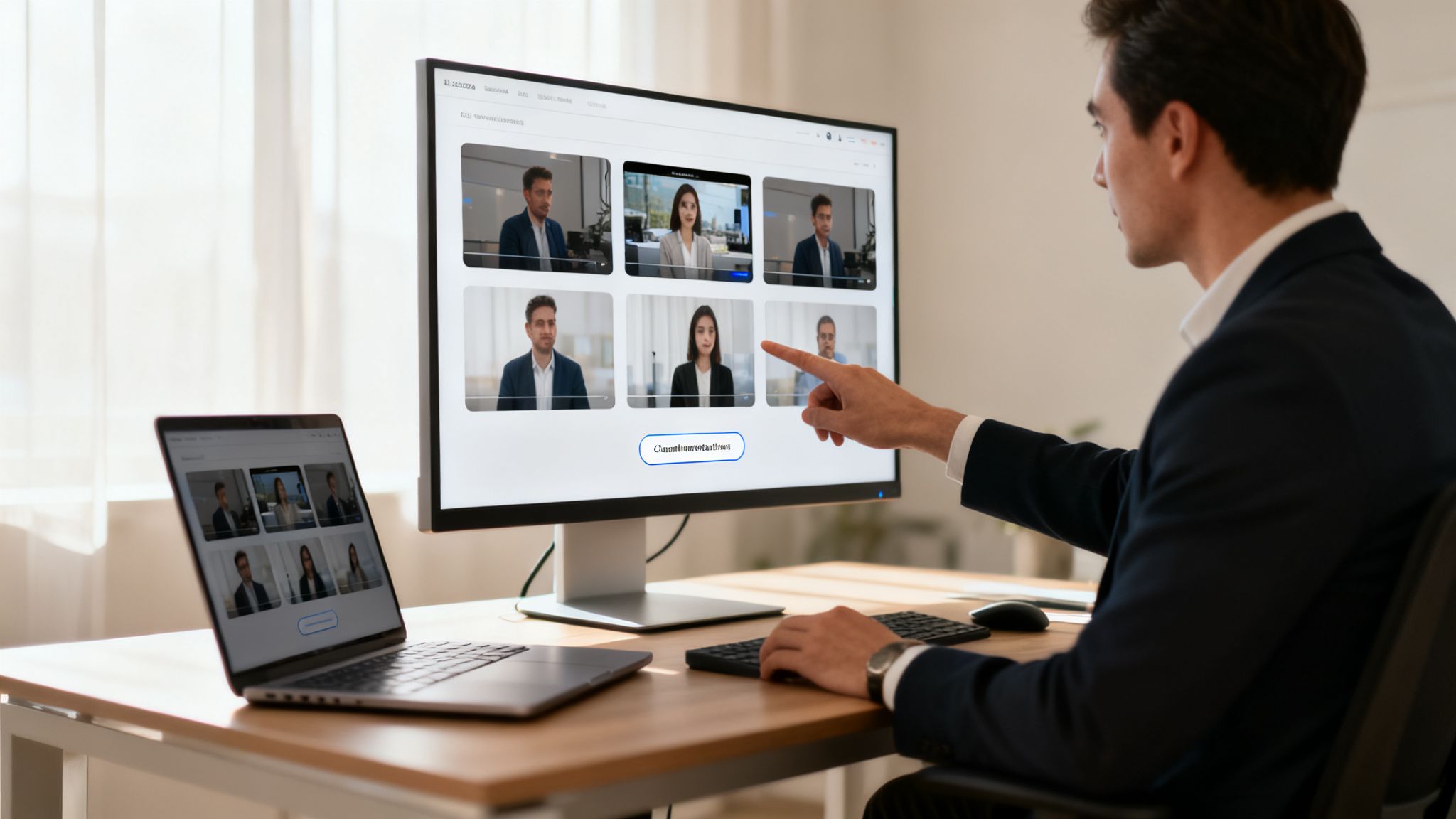 Businessman points to a large monitor displaying a video conferencing grid, with a laptop on the desk.