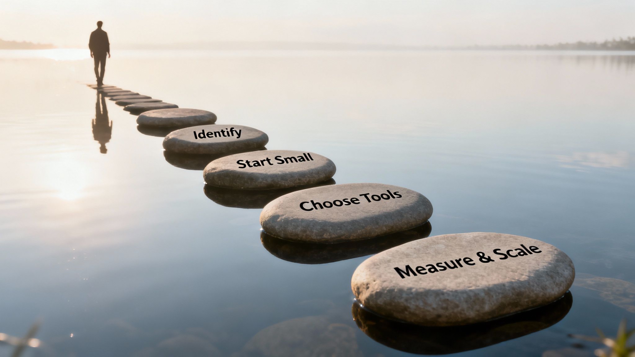 A person walks on stepping stones across water, with process steps like 'Identify' and 'Measure & Scale'.