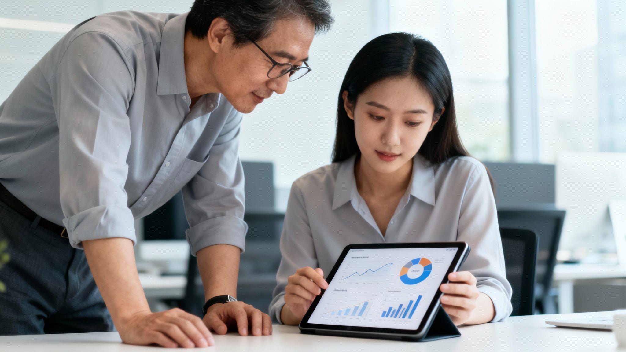 Two business colleagues collaborating in an office, discussing data and charts displayed on a digital tablet.