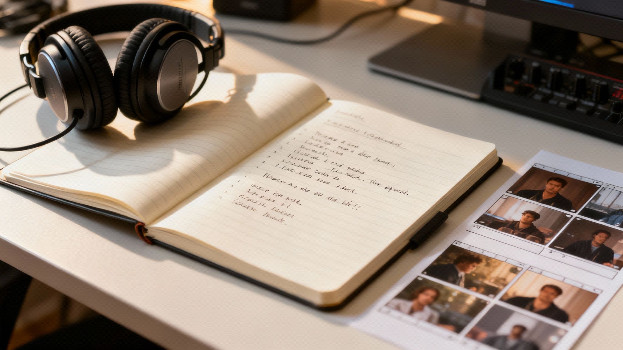A person reviewing a video script on a tablet with a cup of coffee nearby.