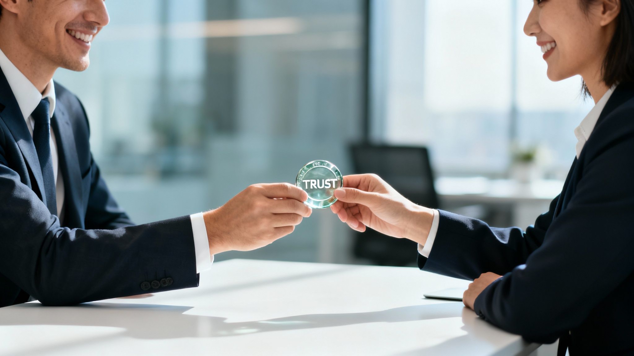 Two smiling business people exchanging a translucent disk with the word TRUST in an office setting.