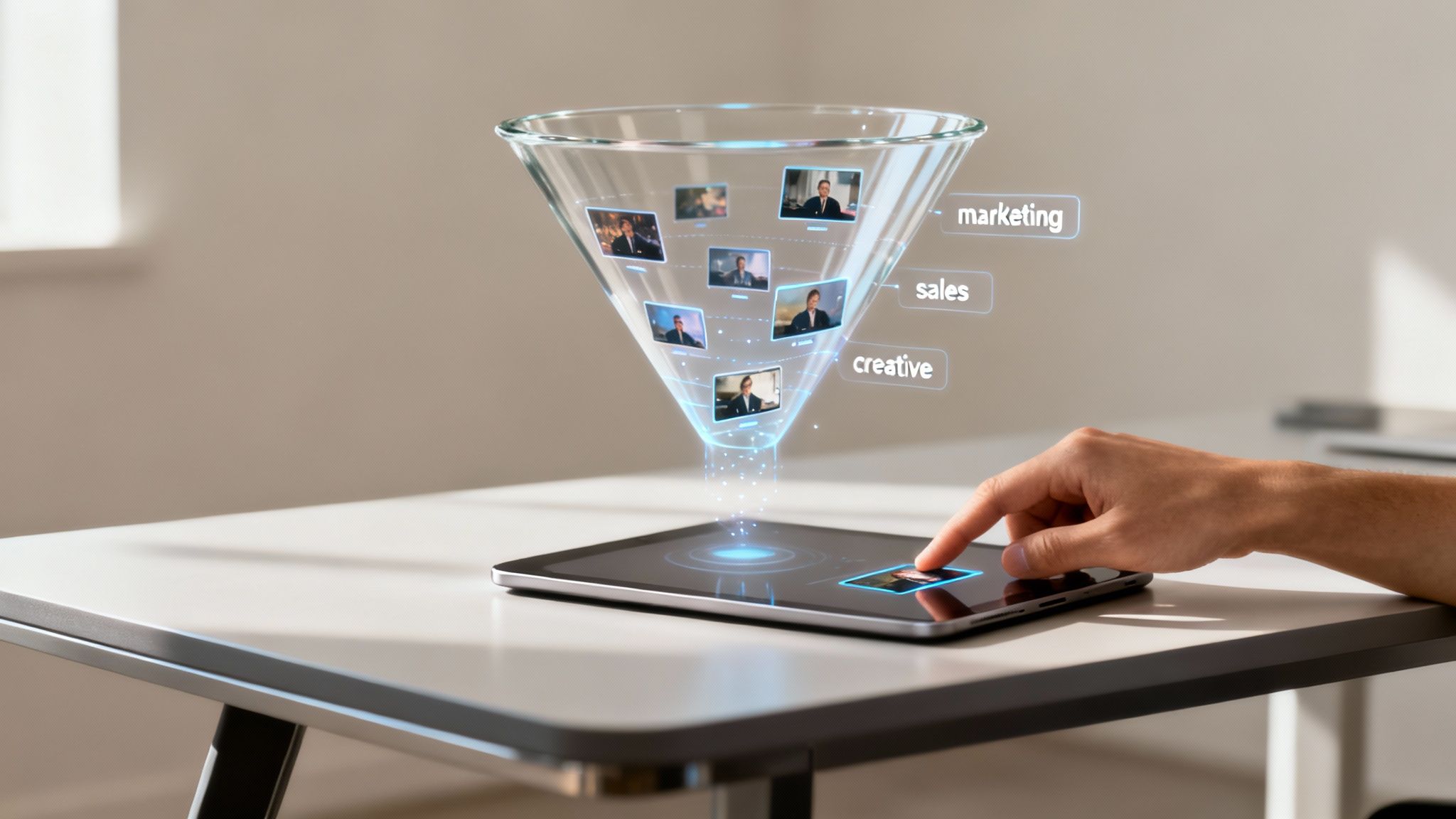 Holographic sales funnel projection showing marketing sales and creative stages with business professionals on tablet