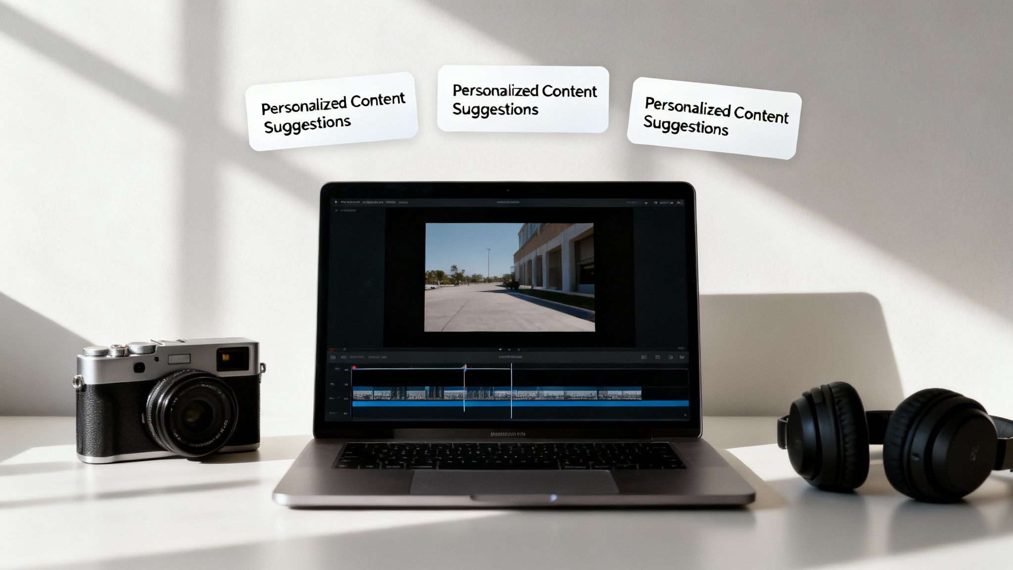 A creative workspace with a laptop showing video editing, camera, headphones, and personalized content suggestions.