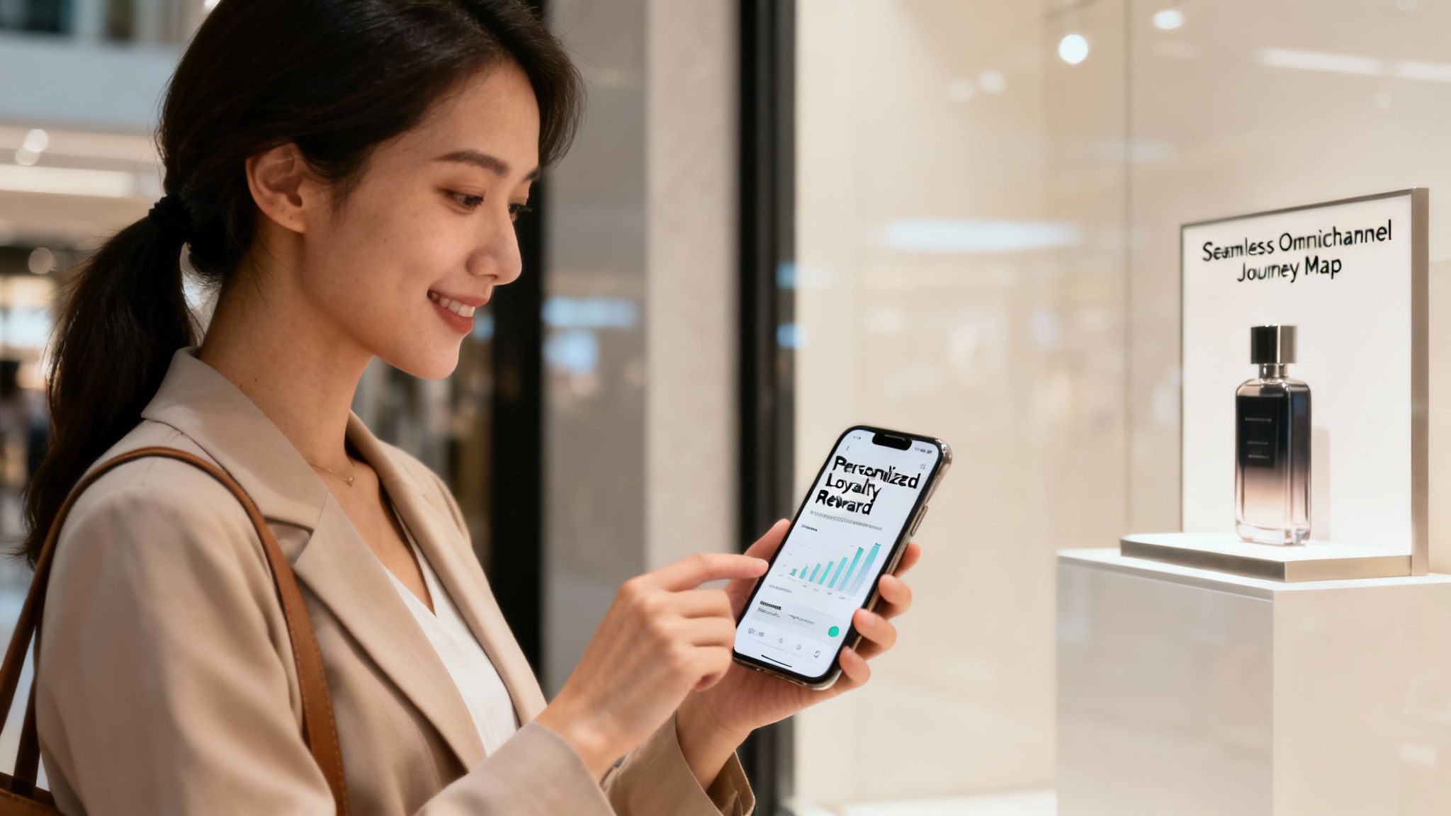 A customer interacts seamlessly across multiple devices—phone, tablet, and smart display—all showing a consistent, personalized brand experience.