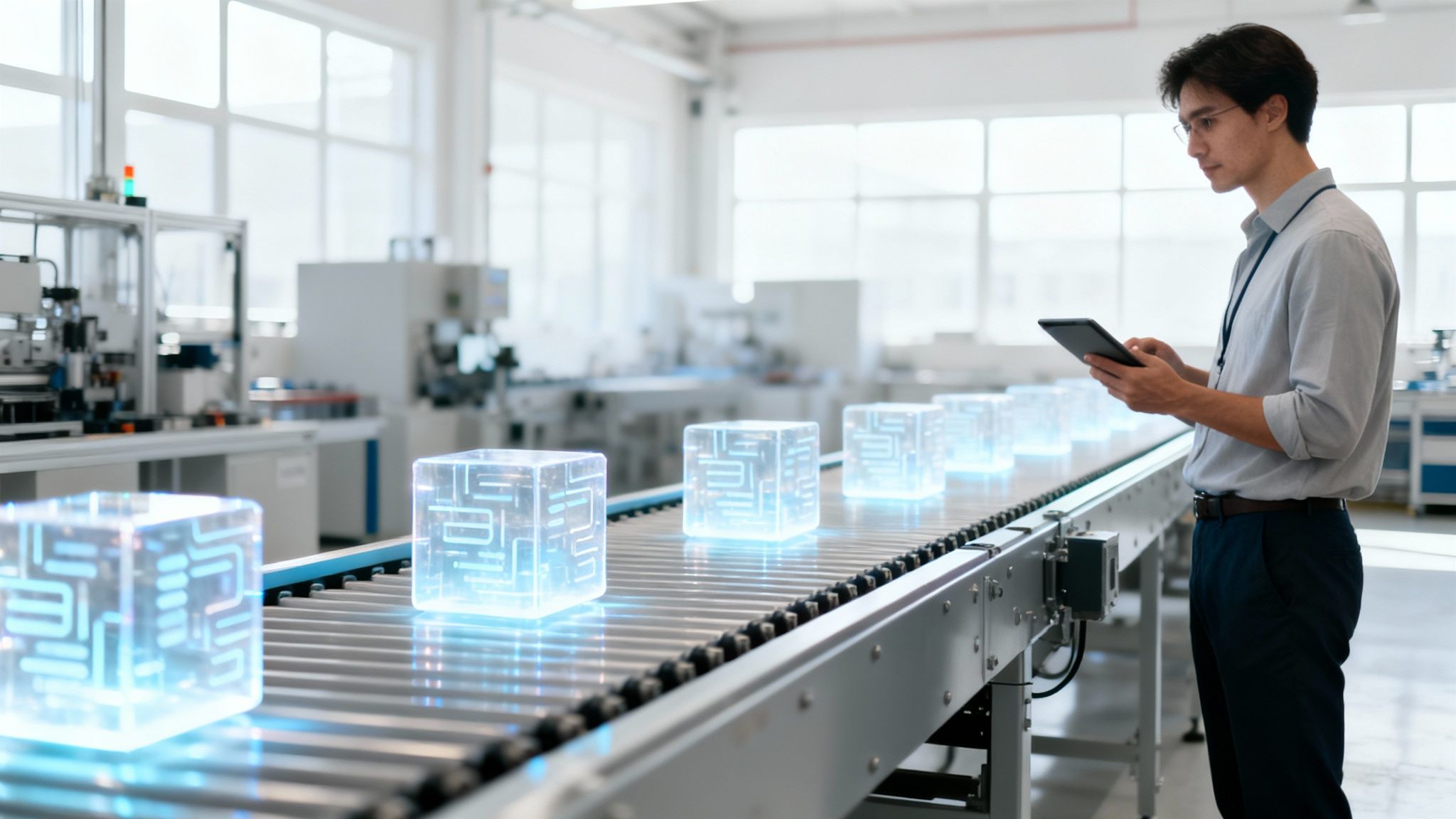 Man uses tablet on factory floor with glowing AI data cubes on a conveyor belt.